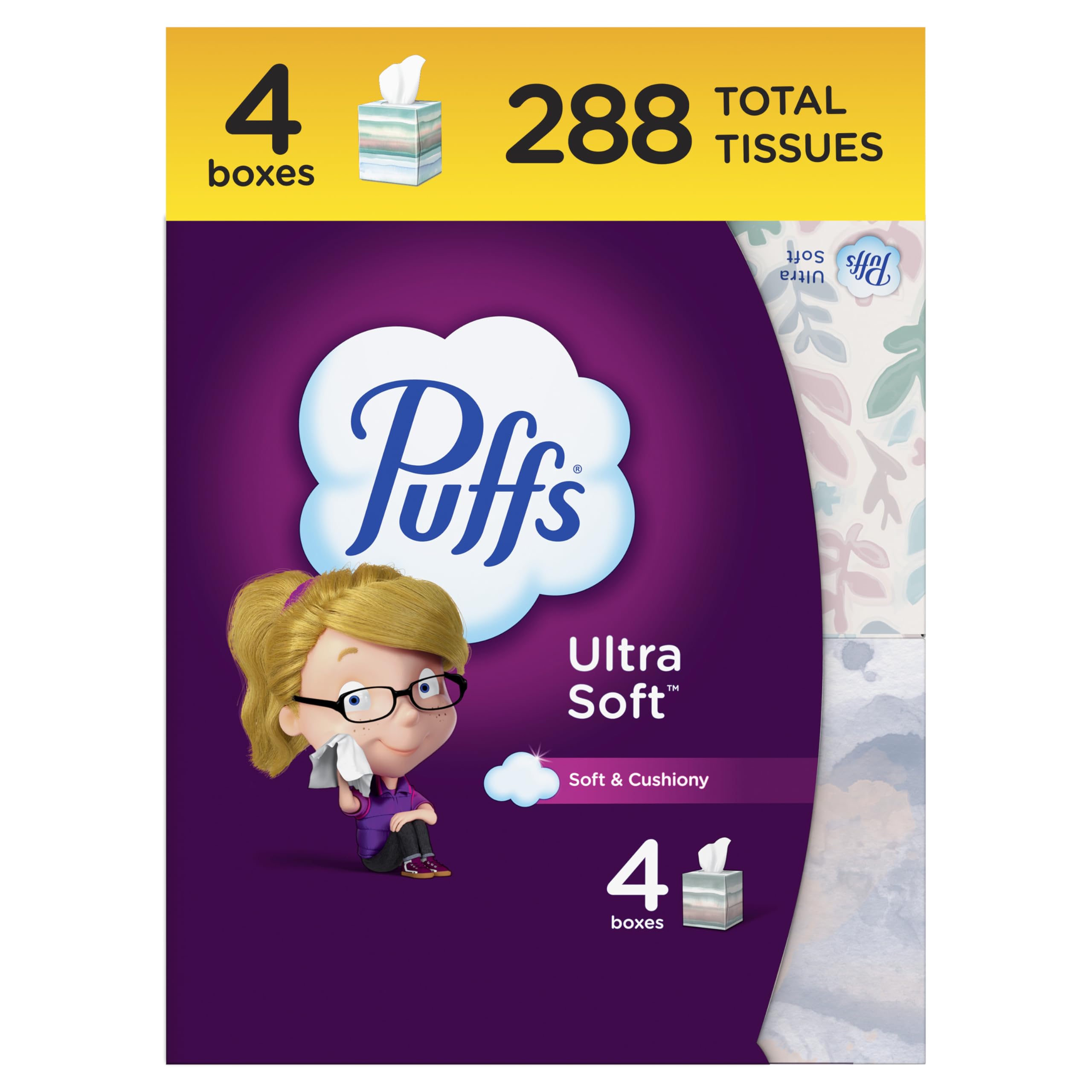 Puffs Ultra Soft Facial Tissues, 4 Mega Cube Boxes (72 Tissues Each) - Hypoallergenic & Lotion-Infused for Gentle Care | Perfect for Home, Office & Travel Use