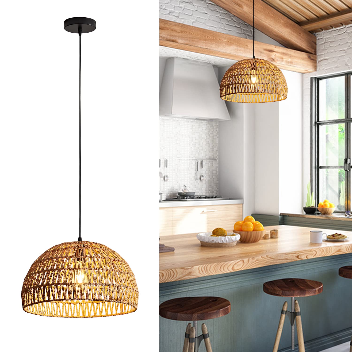 Vintage Rattan Pendant Lamp - Hand Woven Linear Chandelier with LED Lighting, E26 Base for Kitchen, Living Room, Ceiling - Perfect for Restaurant, Cafe, Bar & Bedroom Decor | Industrial Retro Hanging Light Fixture | Eco-Friendly Home & Commercial Lighting Solution