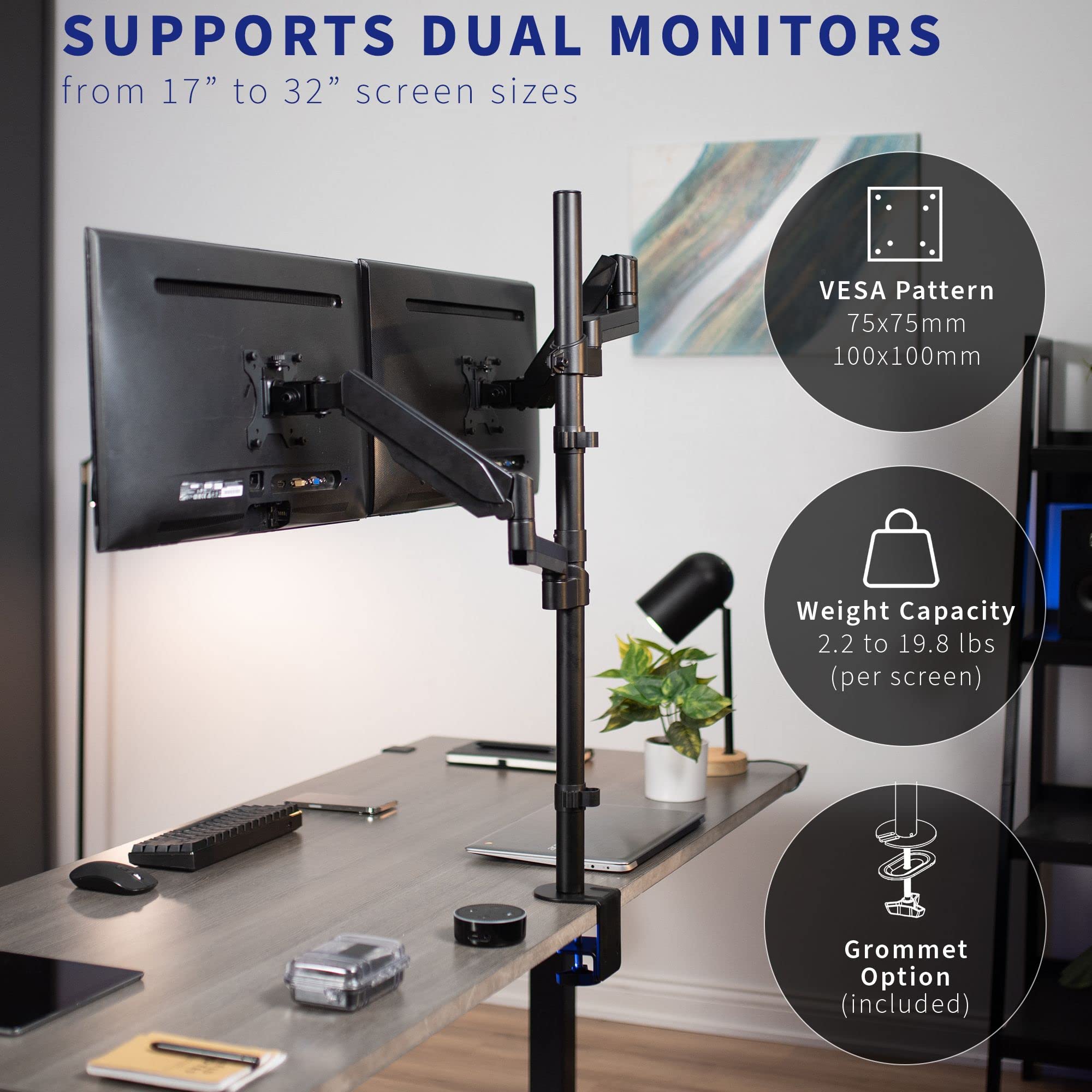 VIVO Dual Monitor Arm Stand - Extra Tall Heavy Duty Mount for 32 Inch Screens, Pneumatic Height Adjustment, Full Motion Articulating VESA Mount with C-Clamp & Grommet Base - Perfect for Home Office, Gaming & Workstation Setup