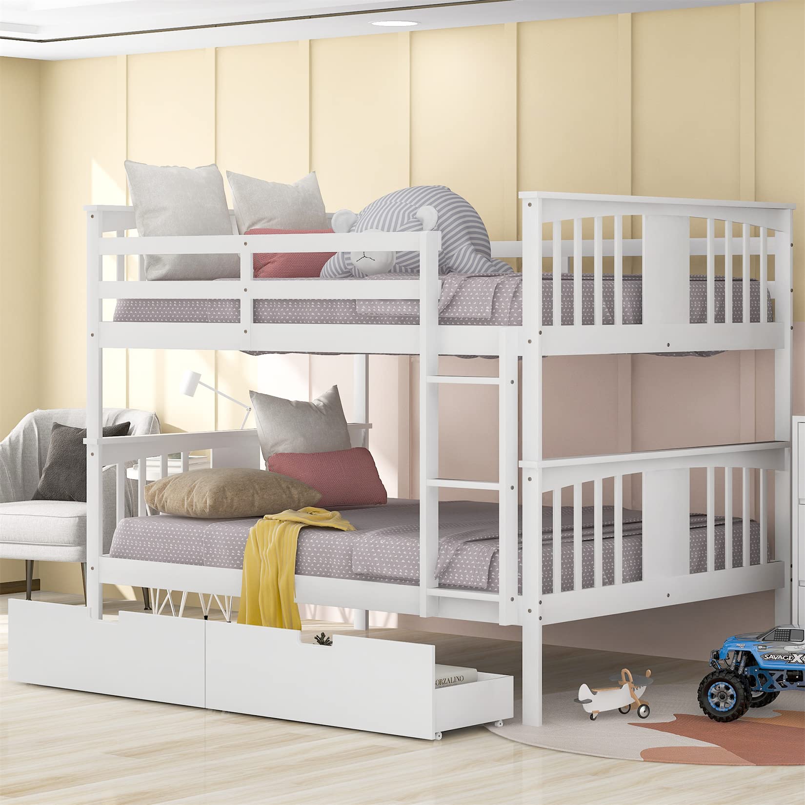 Full Over Full Bunk Beds with 2 Drawers - Sturdy Wood Bunk Bed Frame for Kids, Teens & Adults - Detachable Design for Boys, Girls, Women & Men - White - Perfect for Small Bedrooms, Guest Rooms & Dormitories