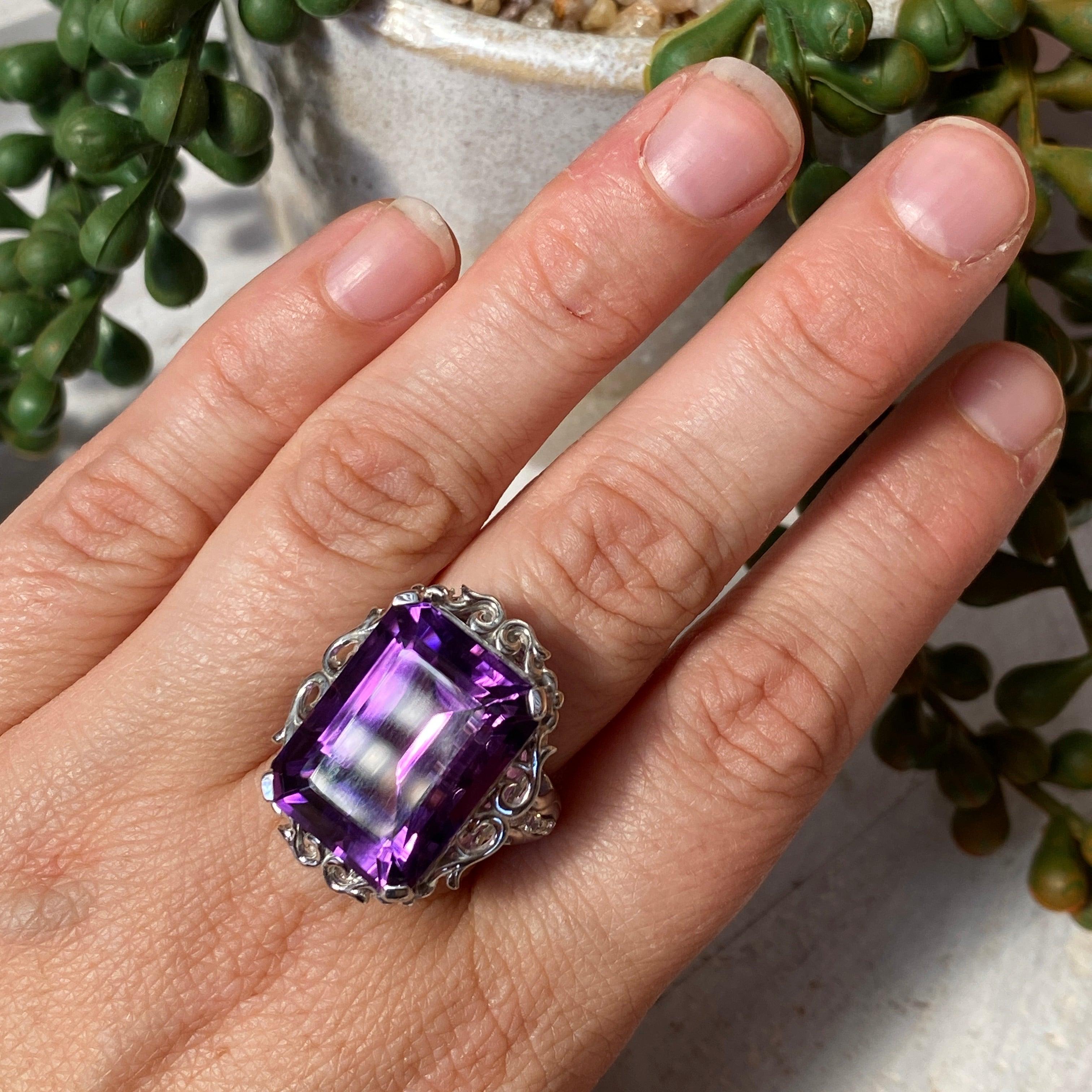 Amethyst Emerald Cut Ring with CZ Accents - Size 8 - HRGJ 35 - Elegant Jewelry for Women, Perfect for Weddings, Anniversaries & Special Occasions
