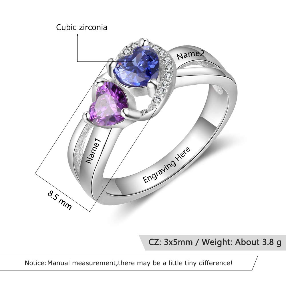 Promise Rings for Women - Personalized Love Heart Engagement Bands with 2 Simulated Birthstones & Custom Names - Perfect for Anniversaries, Valentine's Day Gifts & Romantic Proposals