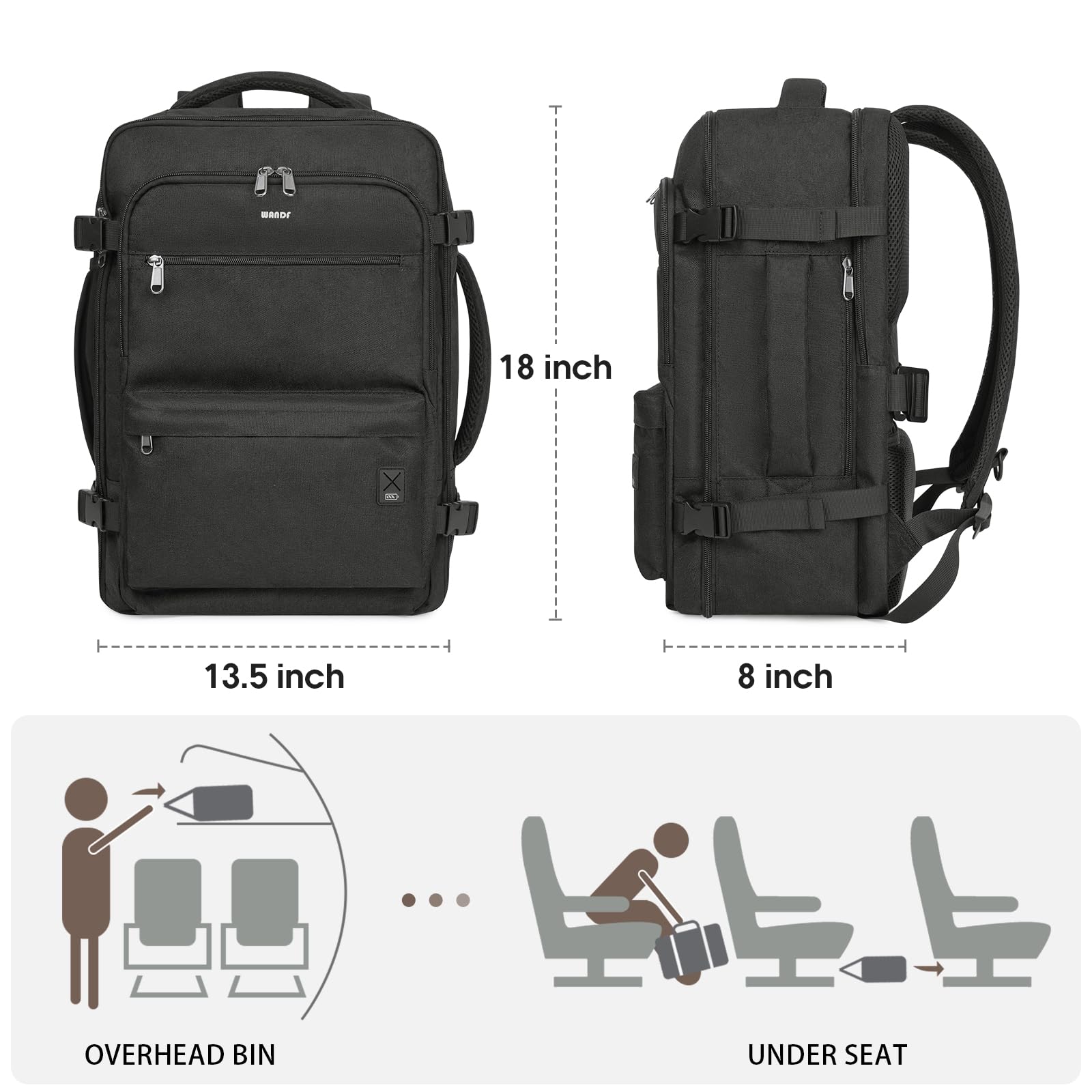 WANDF 18x14x8 Inch Travel Backpack - Approved Spirit Airlines Personal Item Bag with Wet Pocket & Laptop Compartment | 17 Inch Laptop Backpack for Men & Women (Black) | Perfect for Air Travel, Commuting & Business Trips