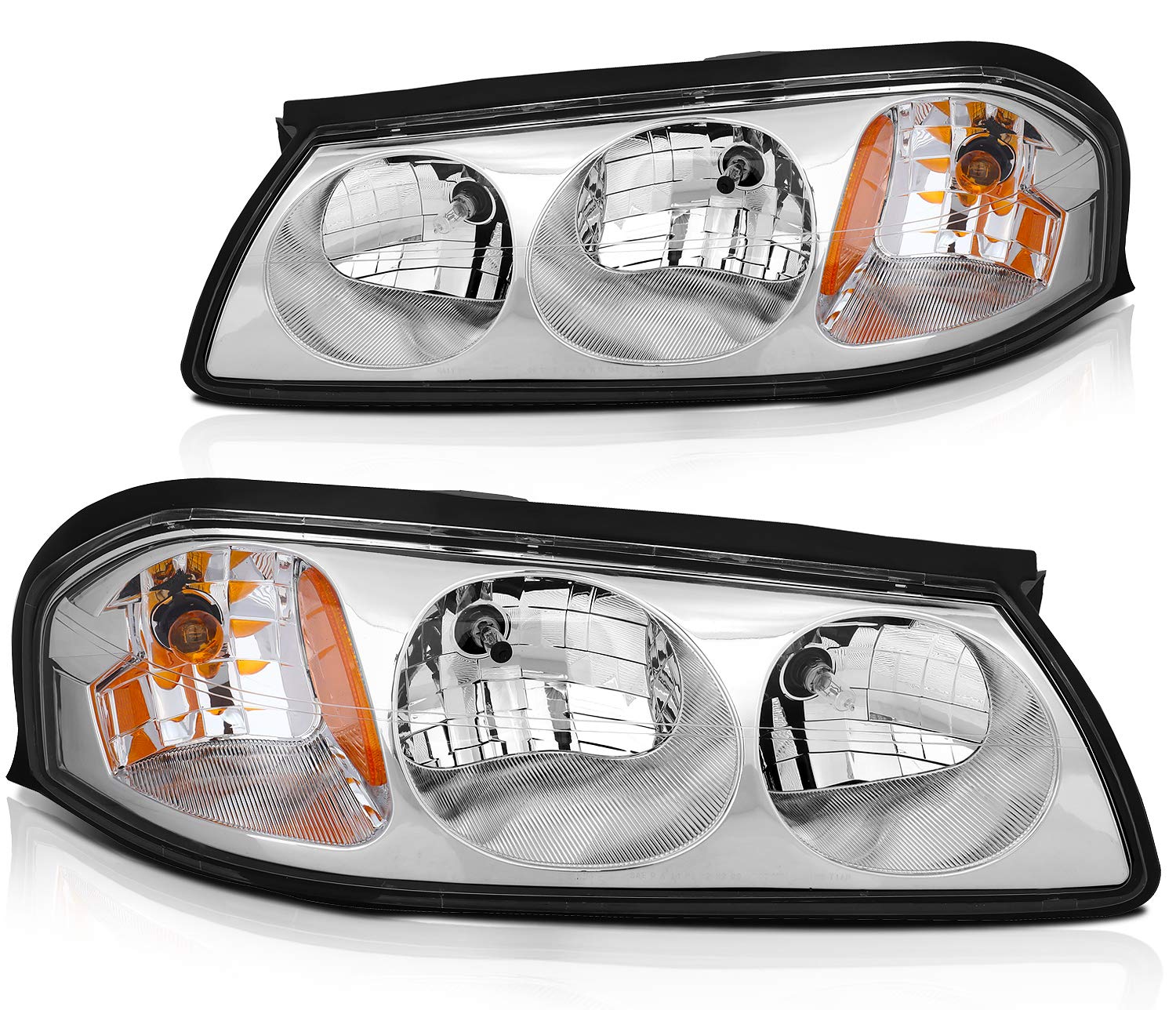 CCiYu Headlight Assembly for Chevy Impala 2000-2005 - Chrome Housing, Amber Reflector, Clear Lens Replacement Headlamps - Perfect for Night Driving & Car Restoration Projects