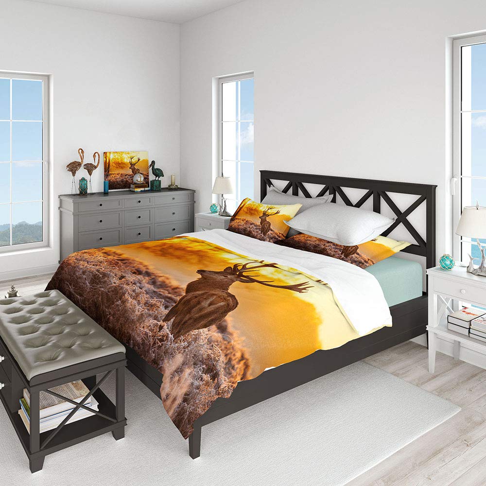 Antler Bedding Sets Full Size - 3 Piece Peachful Sunset Wildlife Deer Duvet Cover with Pillowcases for Teens, Boys & Girls Bedroom Decor | Soft & Cozy No Comforter Included | Perfect for Nature-Themed Kids Rooms & Cabin Retreats