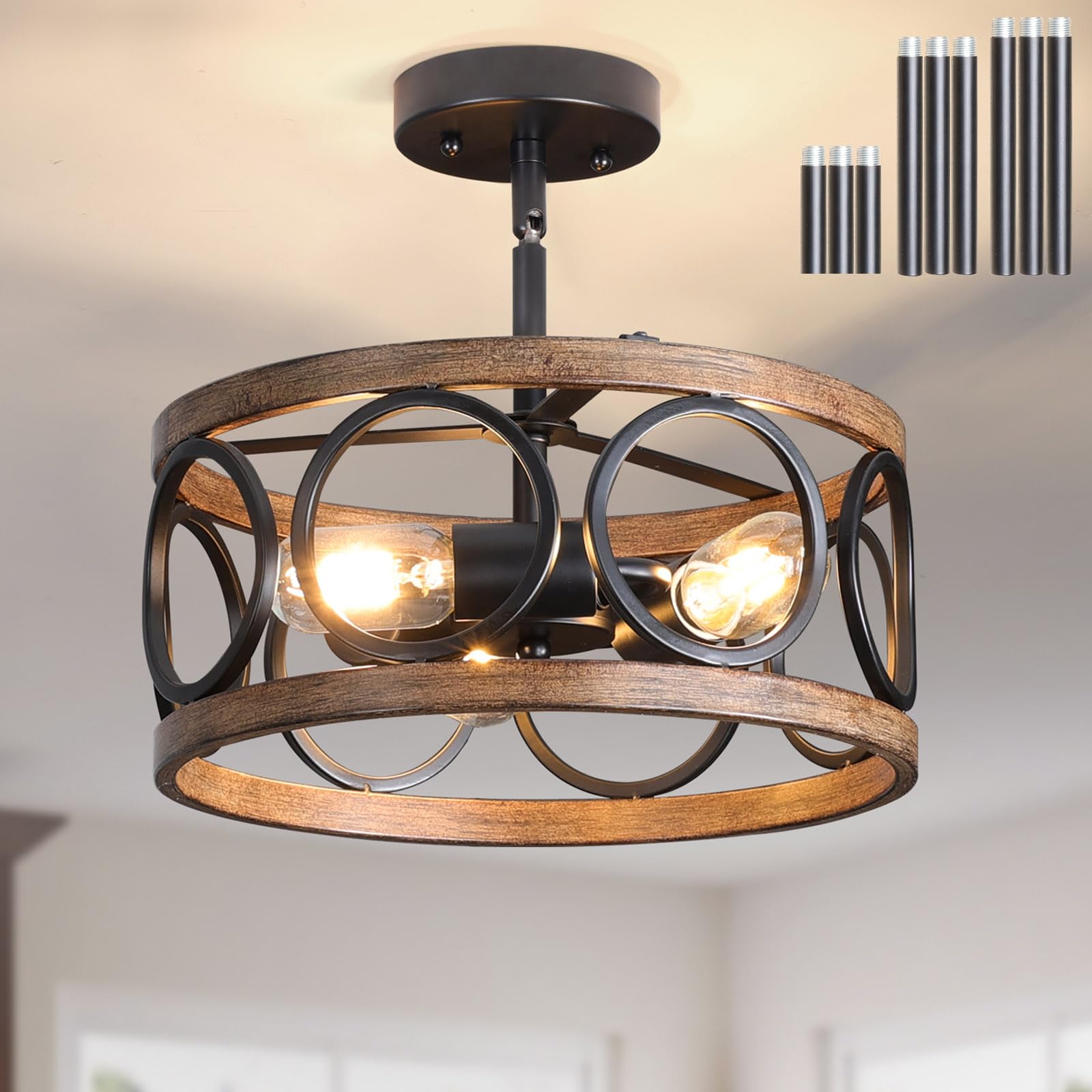 Galtlap 3-Light Semi Flush Mount Ceiling Fixture - Modern Farmhouse Vintage Lighting for Kitchen, Hallway, Foyer & Bedroom - Black & Wood Grain Finish - Perfect for Rustic Home Decor & Cozy Interior Spaces