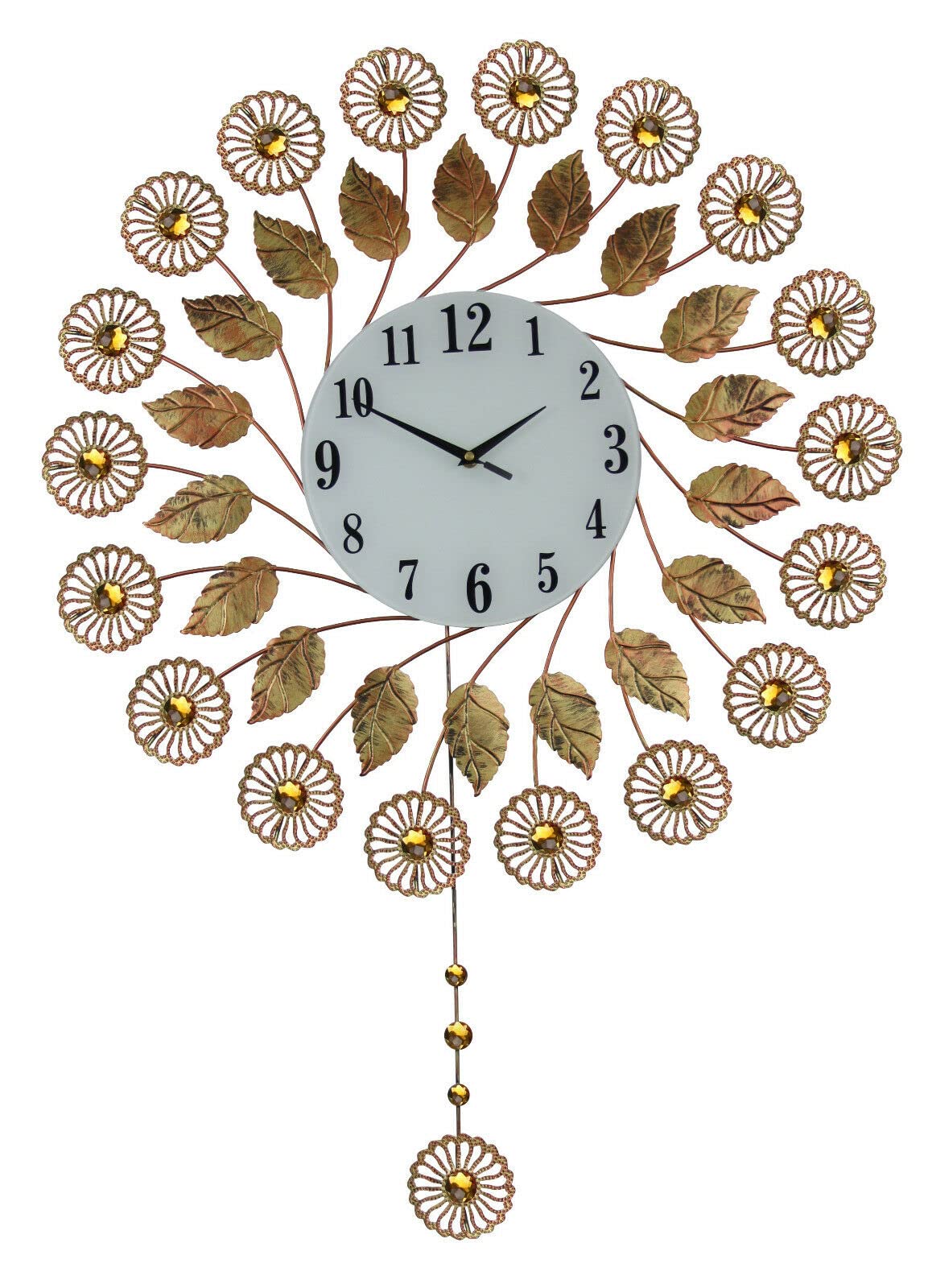 Large Gold Autumn Floral Crystal Swinging Pendulum Wall Clock - Elegant Home Decor for Living Room, Bedroom & Office