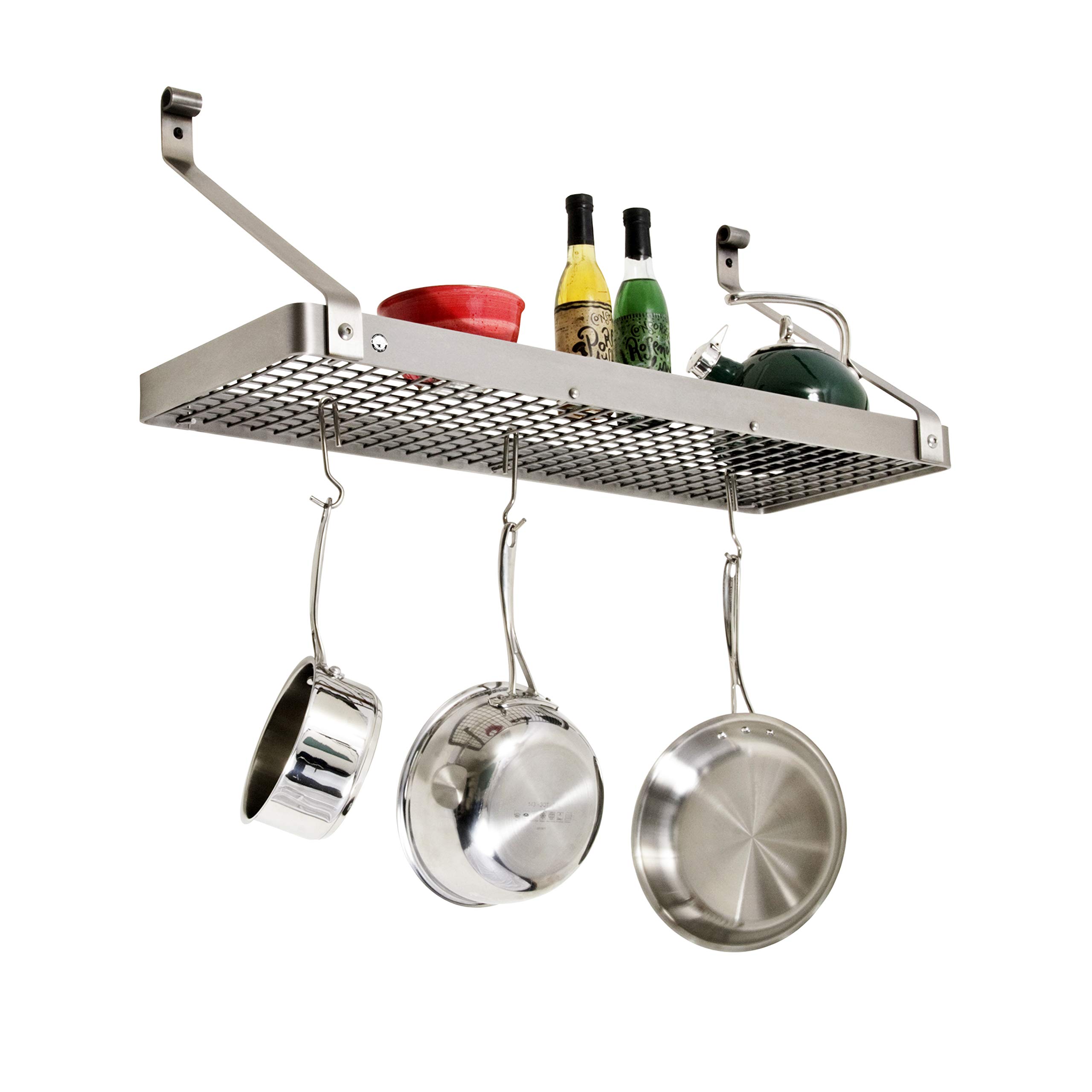 Enclume Handcrafted 30-Inch Stainless Steel Gourmet Deep Bookshelf Wall Rack with 12 Hooks - Perfect for Kitchen Organization, Spice Storage & Displaying Cookbooks