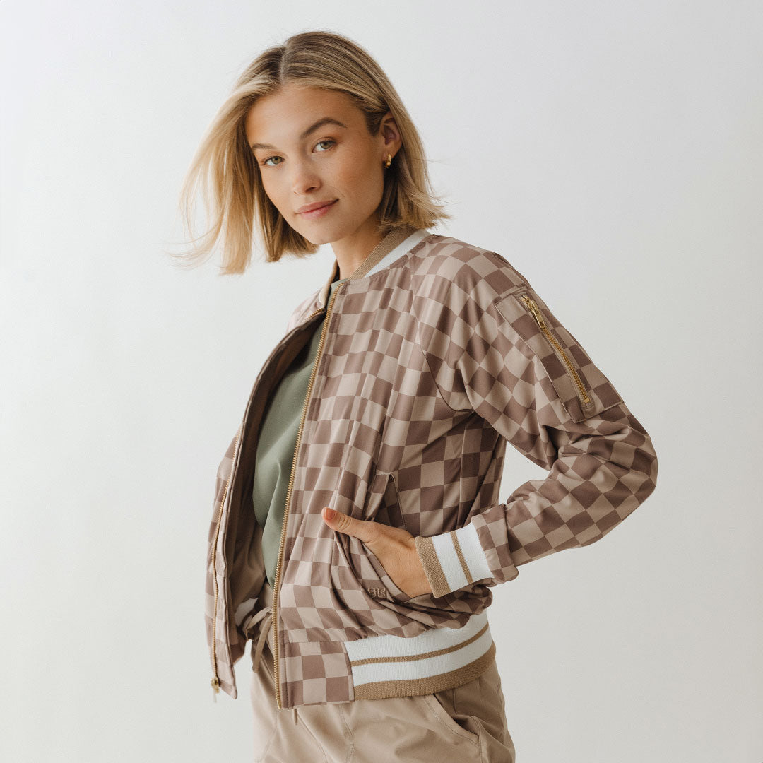 Stylish Brown Checkers Bomber Jacket for Men & Women | Vintage Inspired Lightweight Jacket for Casual Wear & Street Fashion