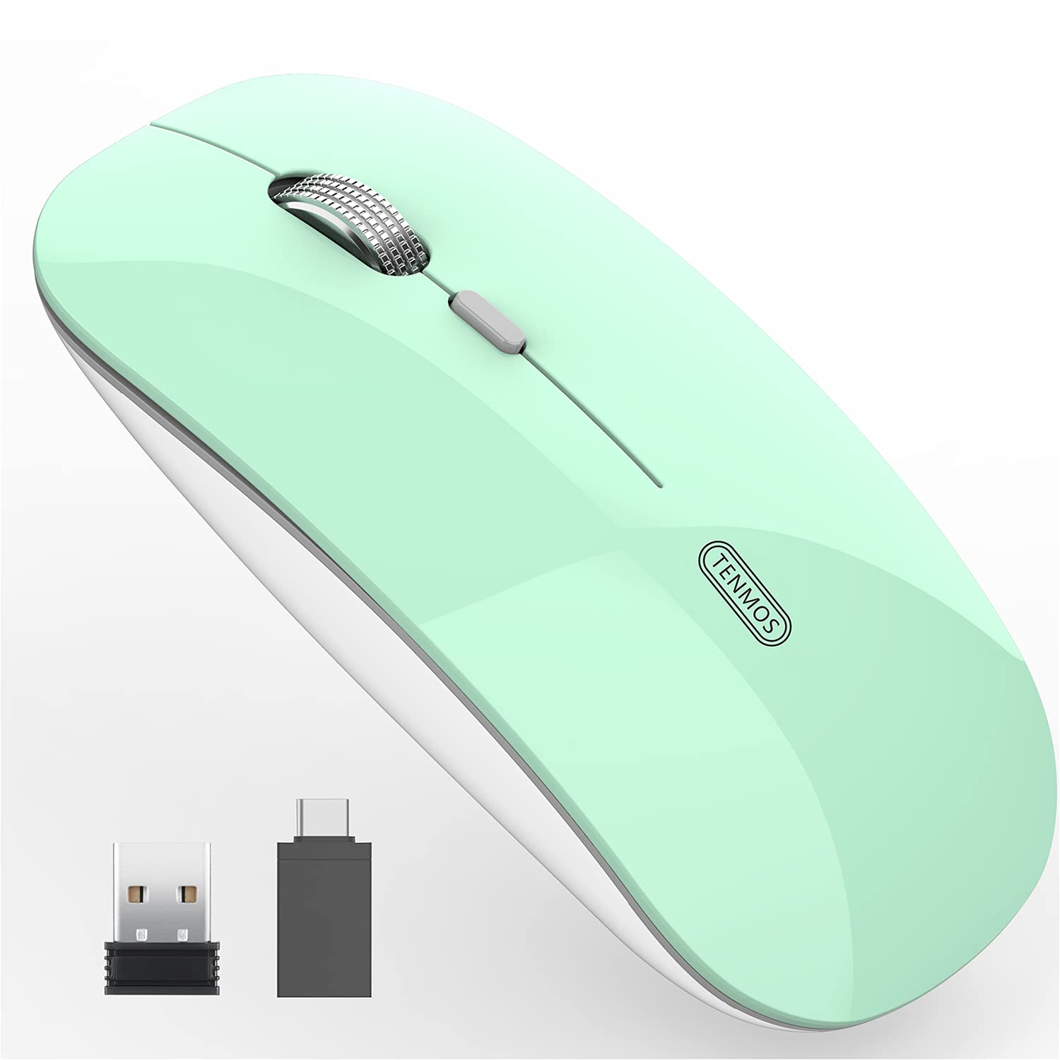 TENMOS T8 Ultra Slim Silent Wireless Mouse - Rechargeable Bluetooth Mouse with USB Receiver & Type C Adapter for Laptop, PC, Notebook - Perfect for Office, Travel & Home Use (Candy Green)