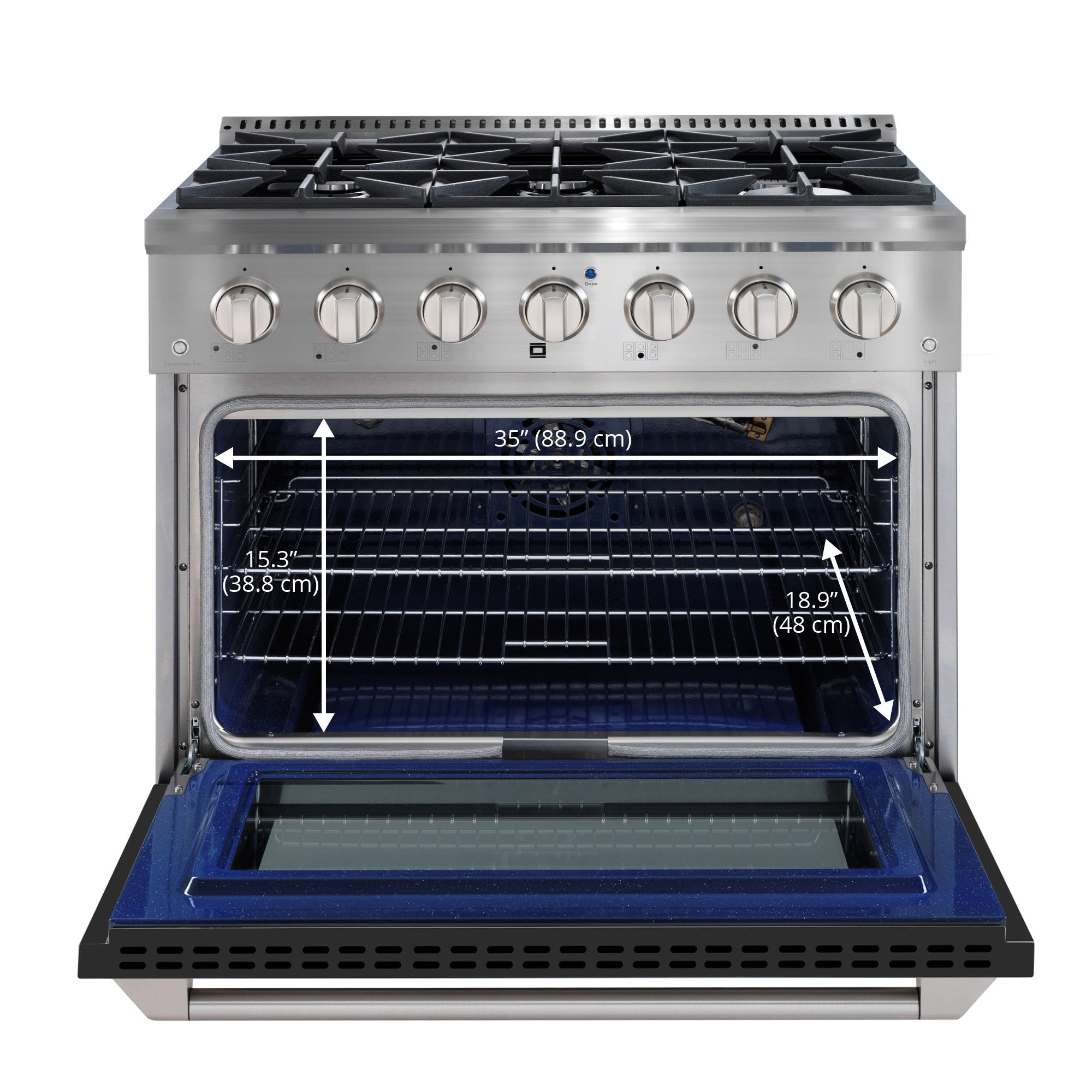 Ancona 36 Inch 5.2 cu. ft. Stainless Steel Gas Range with 6 Burners, Convection Oven & Black Door - Perfect for Large Family Cooking, Holiday Meals & Professional Style Kitchens