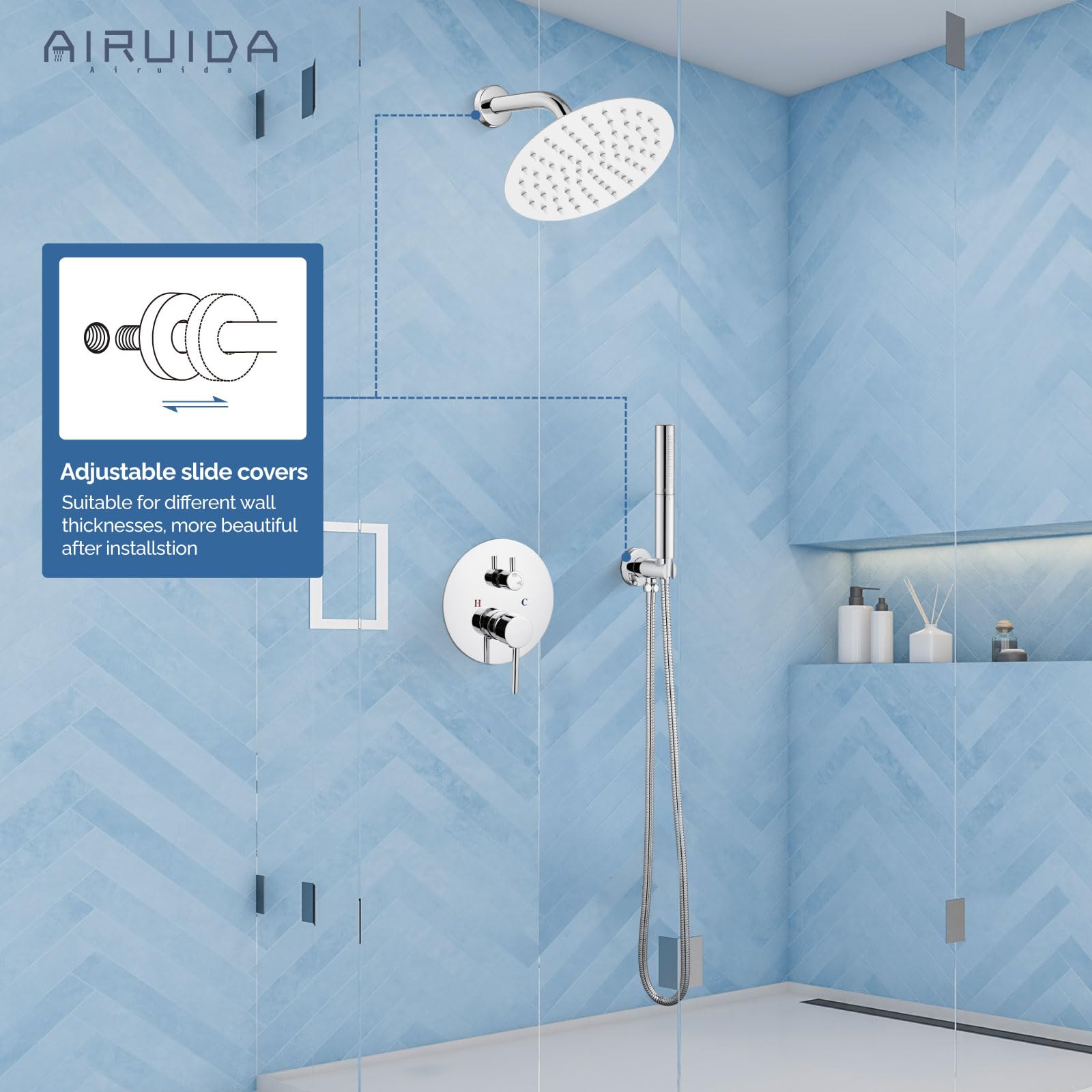 Airuida 2-Function Wall Mounted Shower Faucet Set - High Pressure Brass Handheld Shower with Rough-in Valve & 8 Inch Rainfall Round Shower Head in Chrome Polish for Bathroom | Perfect for Modern Home Spa Experience and Water-Saving Shower Upgrade