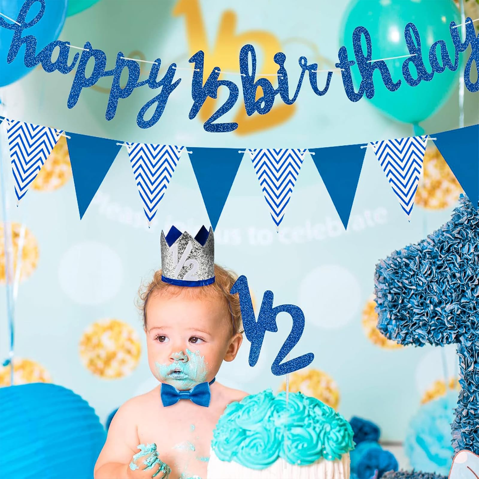 Spakon Glitter Half Birthday Banner Set - 6 Months Happy Birthday Decorations for Baby Boy & Girl - Includes Cake Topper, Triangle Flags, Crown Hat & Bow Tie (Dark Blue) - Perfect for 1/2 Year Celebrations, Photo Shoots & Milestone Parties