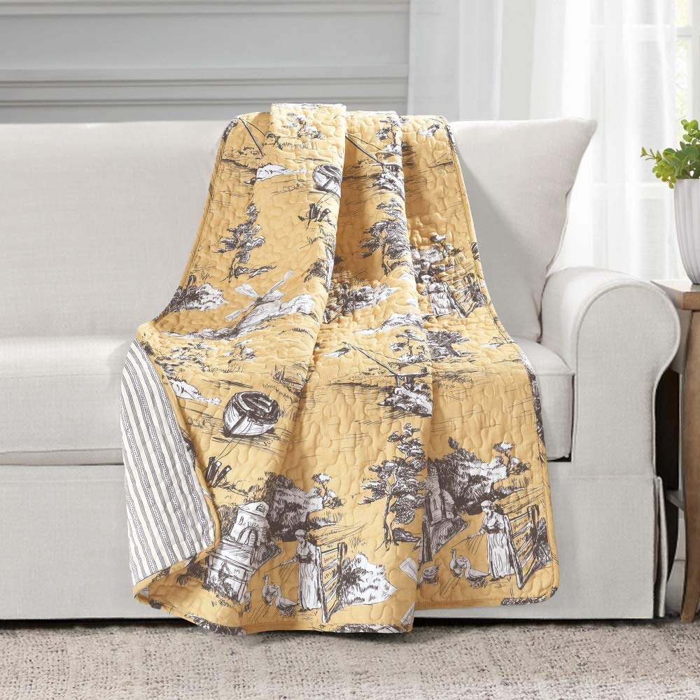 French Country Toile Cotton Reversible Throw Blanket - Yellow & Gray 60x50