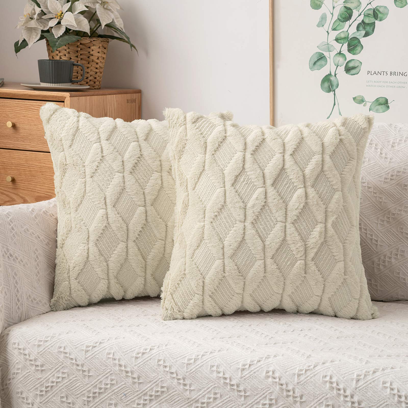 MIULEE Beige Throw Pillow Covers 20x20 Set of 2 - Soft Plush Wool Decorative Farmhouse Couch Pillows with Boho Shells Design for Bedroom, Living Room & Sofa - Perfect for Cozy Home Decor and Relaxation