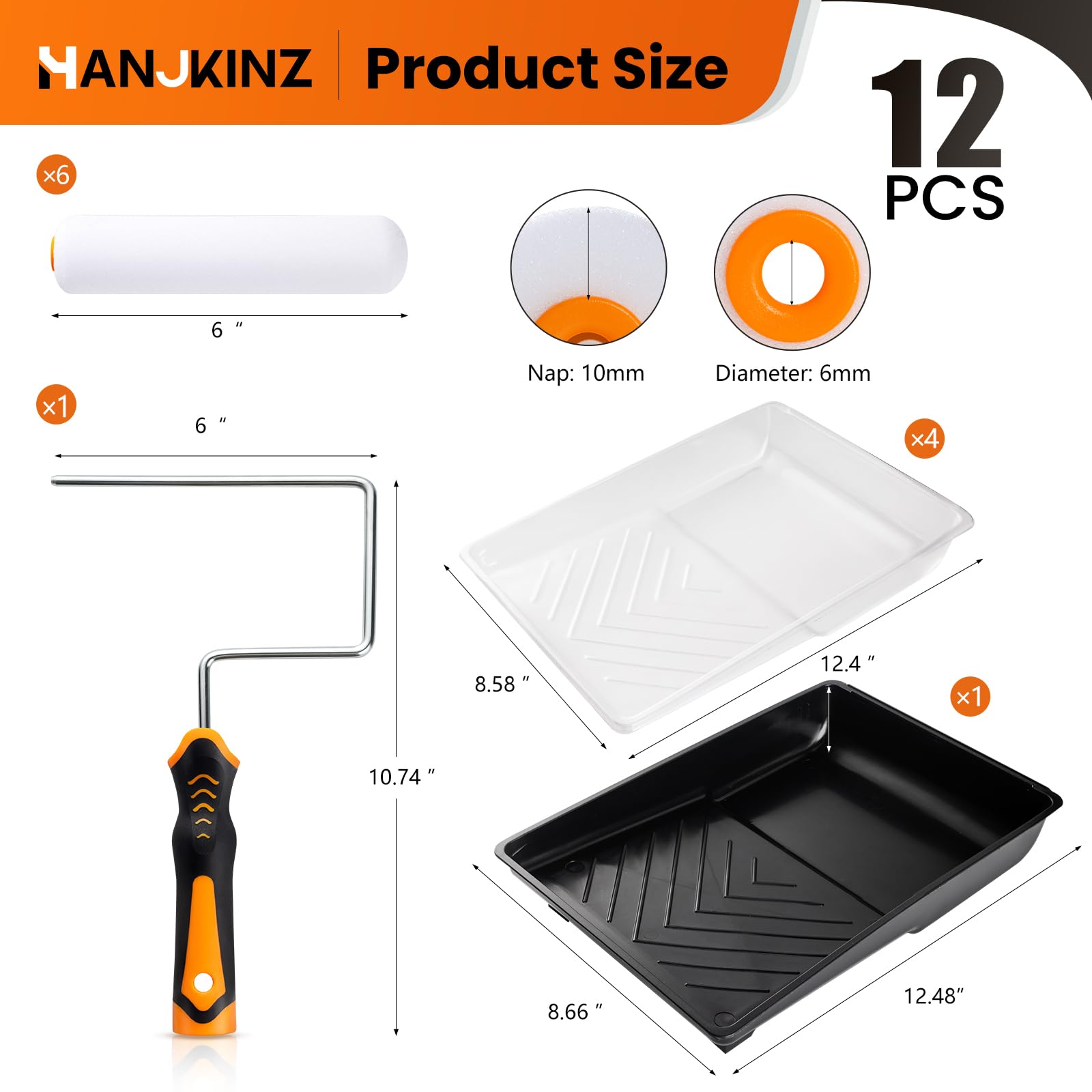 12-Piece 6-Inch High-Density Foam Paint Roller Kit with Tray & Liner - Perfect for Walls, Doors, Cabinets, DIY Home Projects & Professional Painting