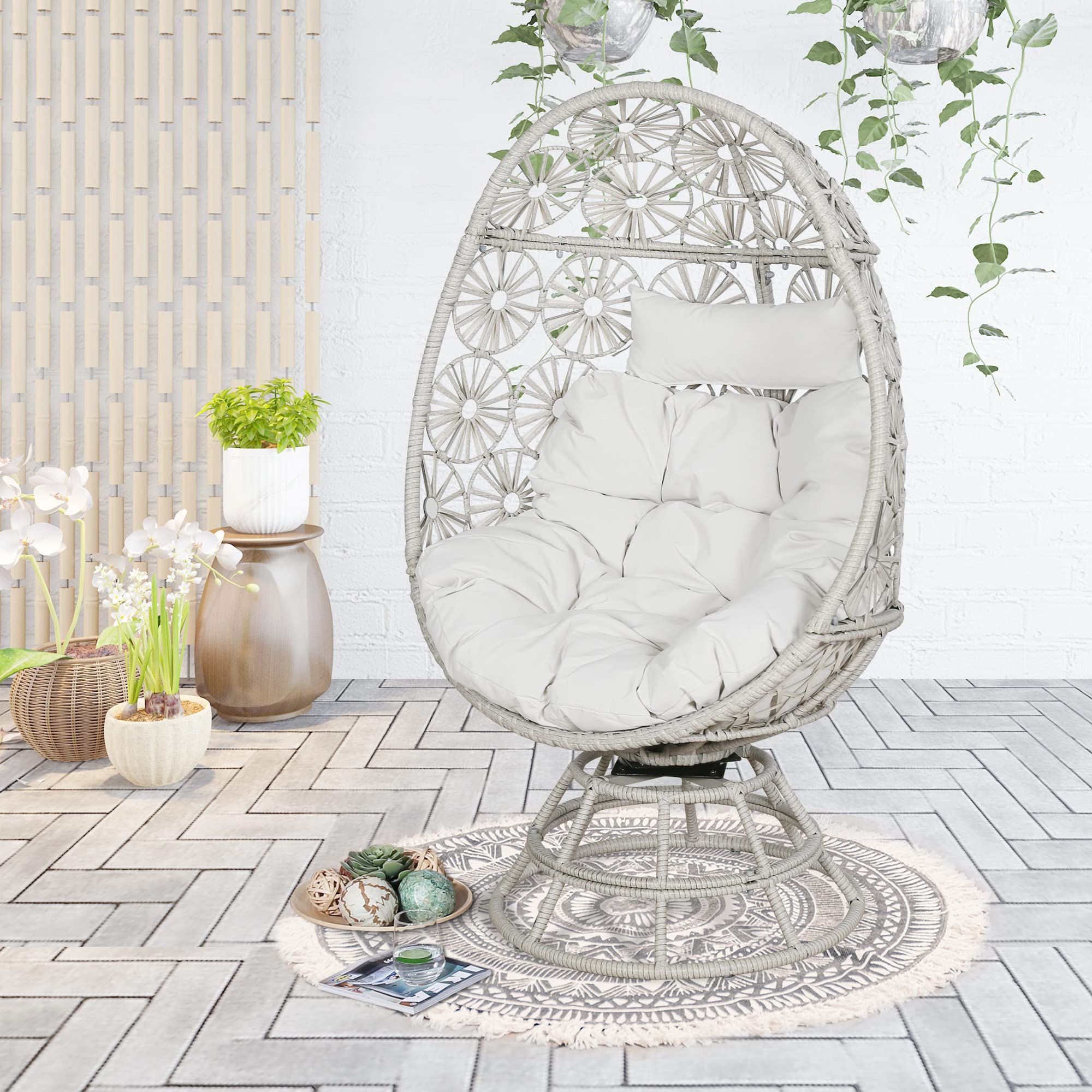360-Degree Swivel Wicker Egg Chair with Beige Cushions - Outdoor Rattan Hanging Chair for Patio, Garden, Lawn & Bedroom - Perfect for Relaxing, Reading or Sunbathing