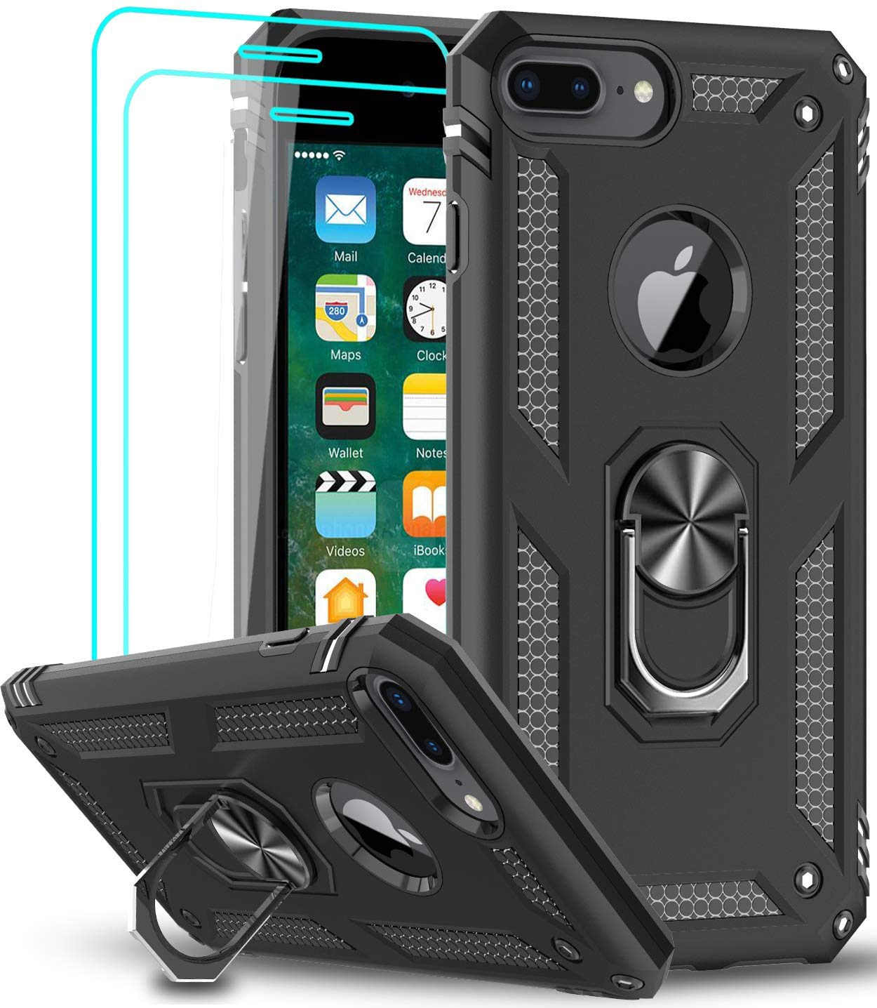 LeYi Military-Grade Shockproof iPhone 8 Plus/7 Plus/6 Plus/6s Plus Case with Tempered Glass Screen Protector [2 Pack] - Kickstand & Ring Holder, Black - Perfect for Outdoor Activities, Travel & Daily Protection
