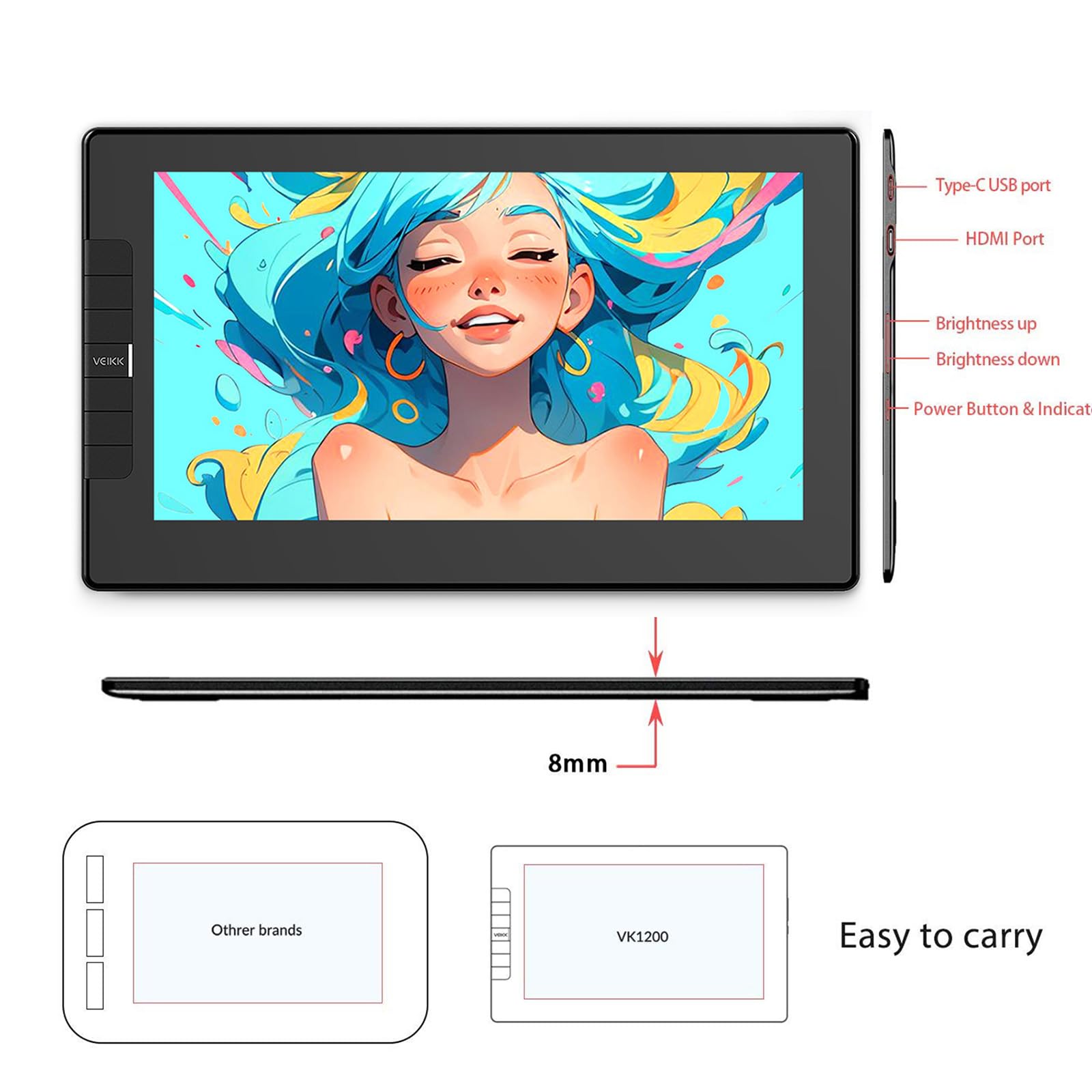VEIKK VK1200 11.6 Inch Full-Laminated Graphic Drawing Tablet with Screen - Battery-Free Stylus, Tilt Function & 6 Customizable Shortcut Keys - Digital Art, Animation & Design (Requires Computer Connection) - Perfect for Artists, Illustrators & Graphic Designers