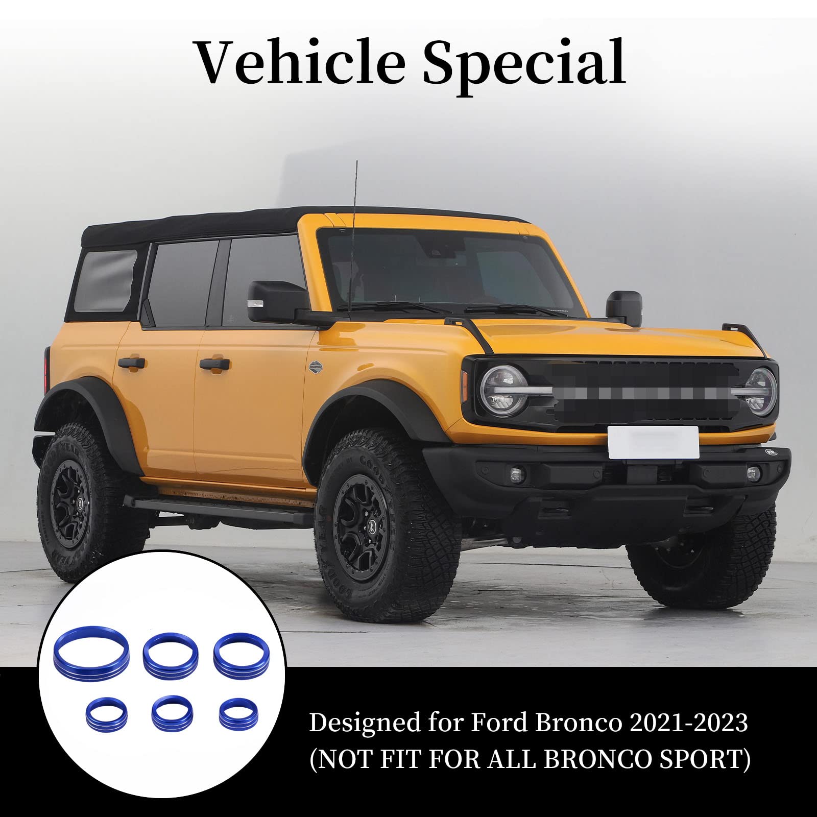 2021-2025 Ford Bronco Accessories - 6pcs Aluminum AC Headlight & 4WD Wheel Drive Trailer Gear Switch Knob Covers (Blue) | Durable Off-Road Protection for Dash & Control Panel | Perfect for Outdoor Adventures & Truck Customization