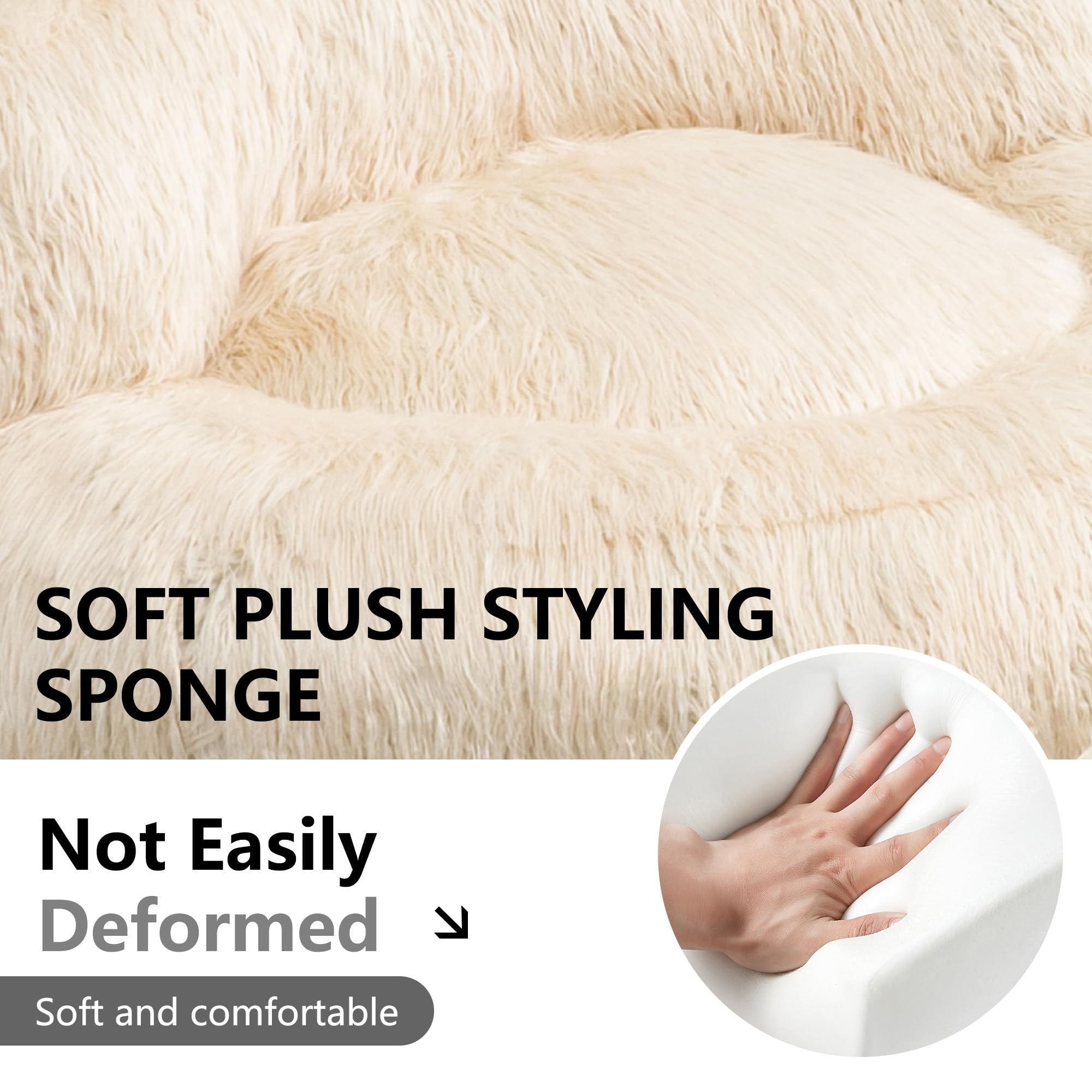 Soft Fluffy Faux Fur Bean Bag Chair with Ottoman - Large Shaggy Plush Lazy Sofa Bed for Living Room, Bedroom & Home Office - Modern Accent Furniture for Relaxing, Gaming & Lounging (Beige)