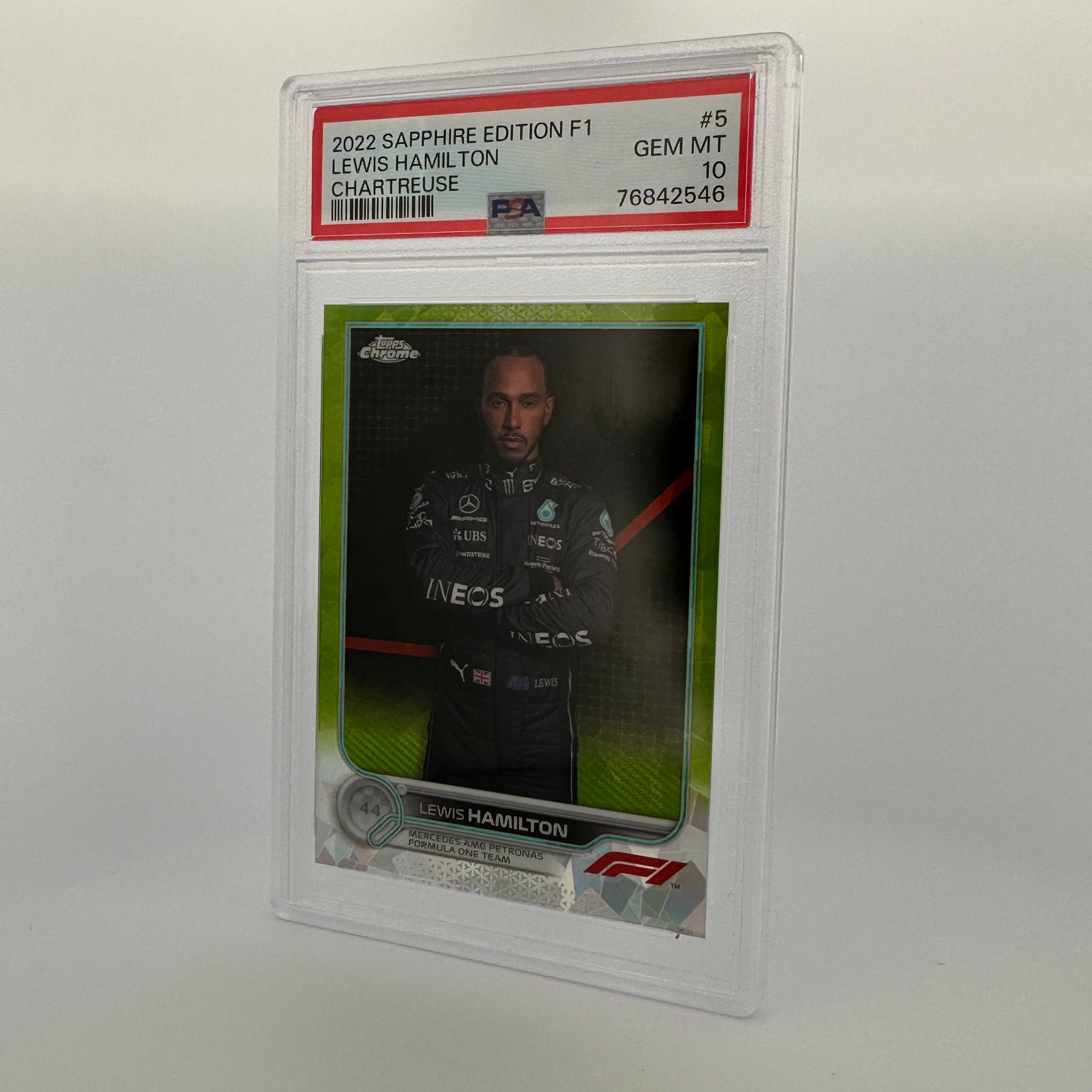 PSA 10 12/199 Lewis Hamilton #5 Sapphire Edition Chartreuse - Rare Collectible Trading Card for F1 Fans & Memorabilia Enthusiasts