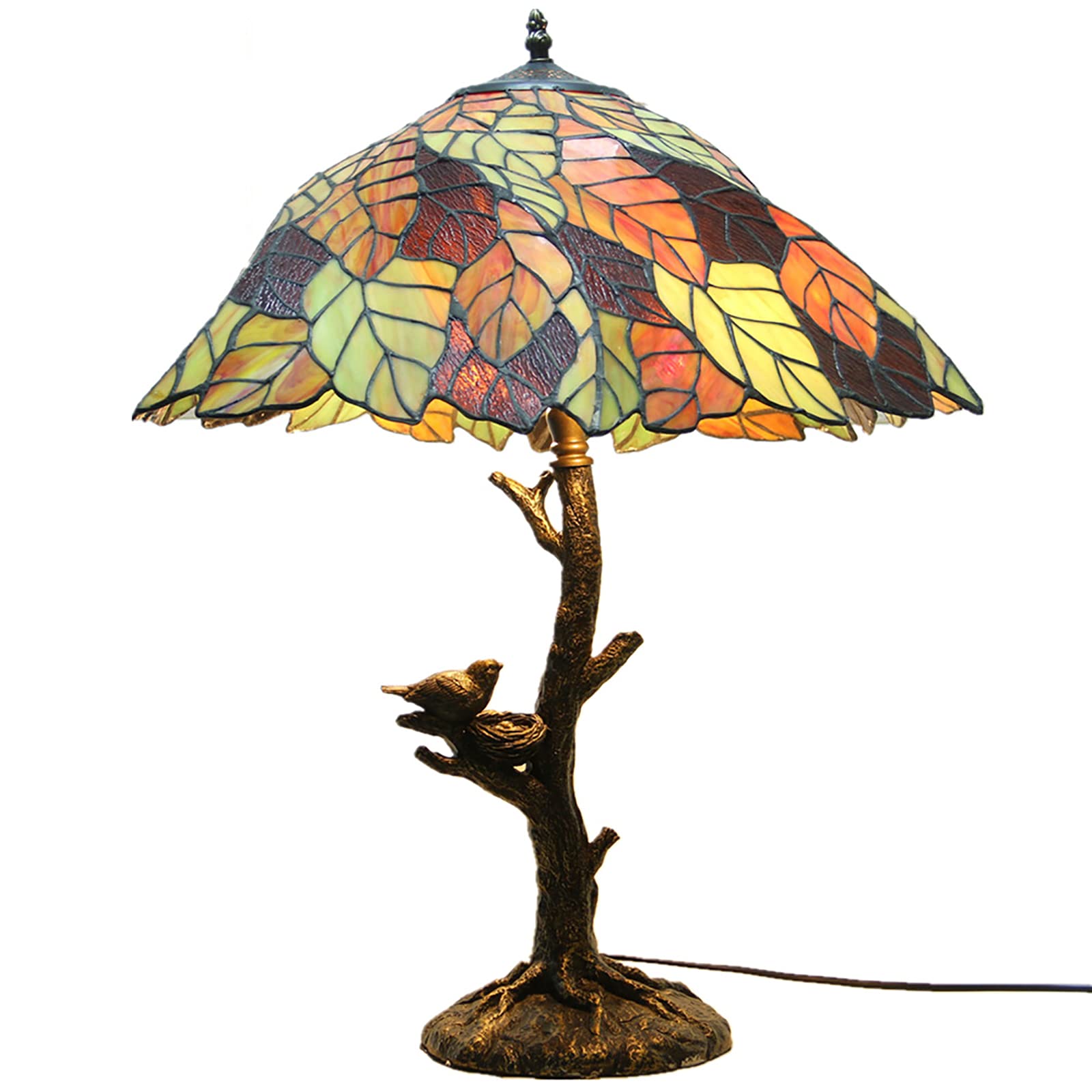 Vintage Stained Glass Table Lamp with Leaf & Flower Design - Resin Base Bedside Lamp for Living Room, Bedroom, Coffee Shop Decor - Warm Ambient Lighting for Home & Office
