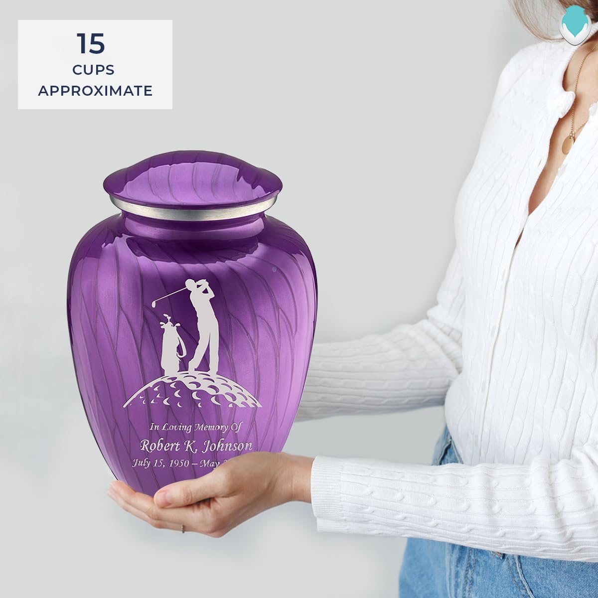Personalized Golf Cremation Urns for Adults - Large Pearl Purple Funeral Urn for Men & Women with Double-Side Engraving (Holds 200 lbs) | Memorial Keepsake for Golf Lovers, Perfect for Home Display or Cemetery Placement