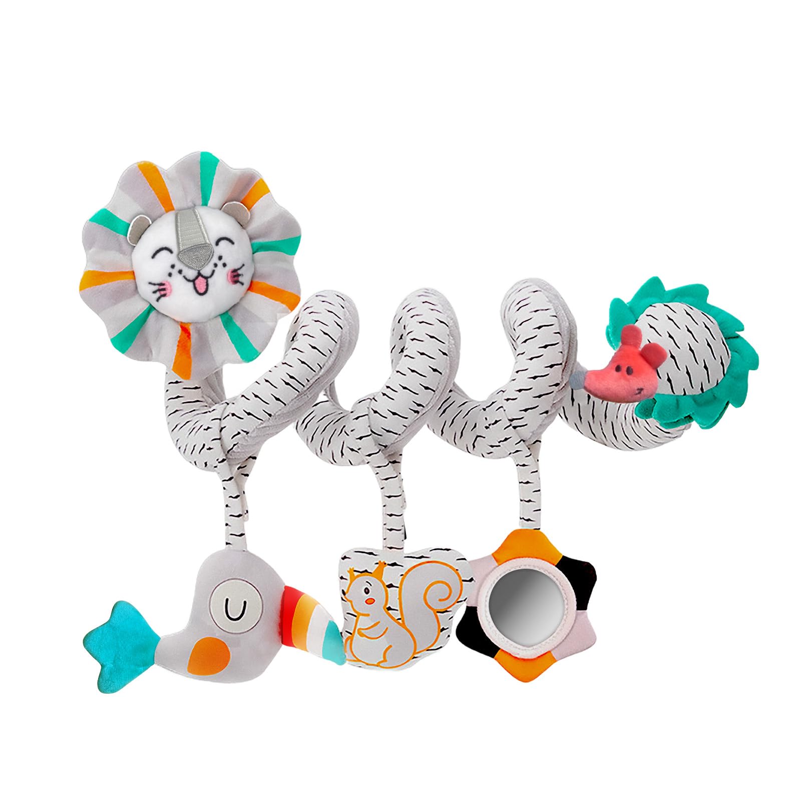 Frilida Baby Car Seat & Stroller Activity Toys for Newborns 0-6 Months - Lion Spiral Hanging Plush Toy with Mirror, Crinkle & Squeaky Sounds | Perfect for Infants Boys & Girls to Stimulate Development During Car Rides, Walks and Playtime