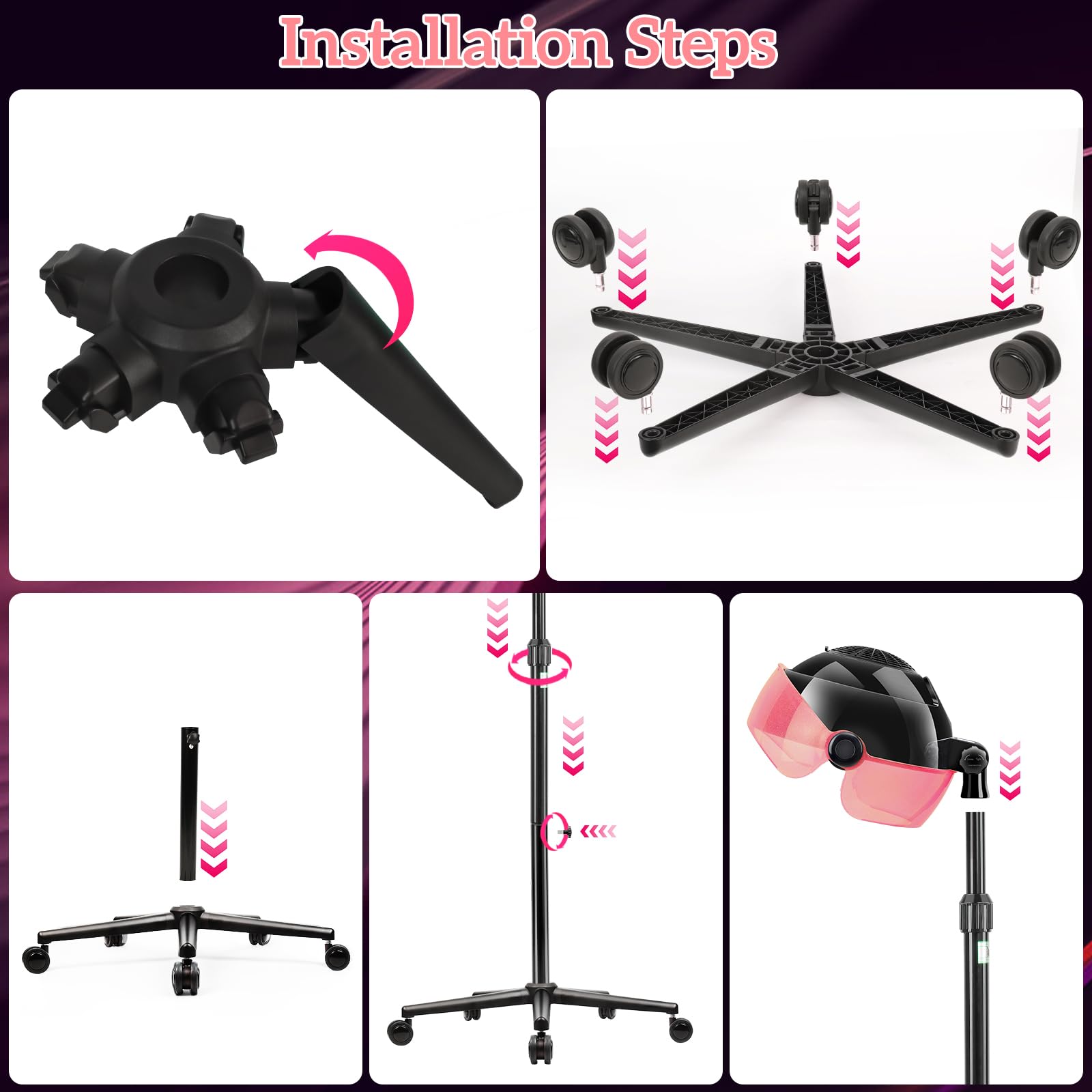 1500W Professional Hooded Hair Dryer with 3 Heat Settings & Timer - Touch Control Stand-Up Blow Dryer for Salon & Home Use (Pink) | Perfect for Curly Hair, Perms & Deep Conditioning Treatments