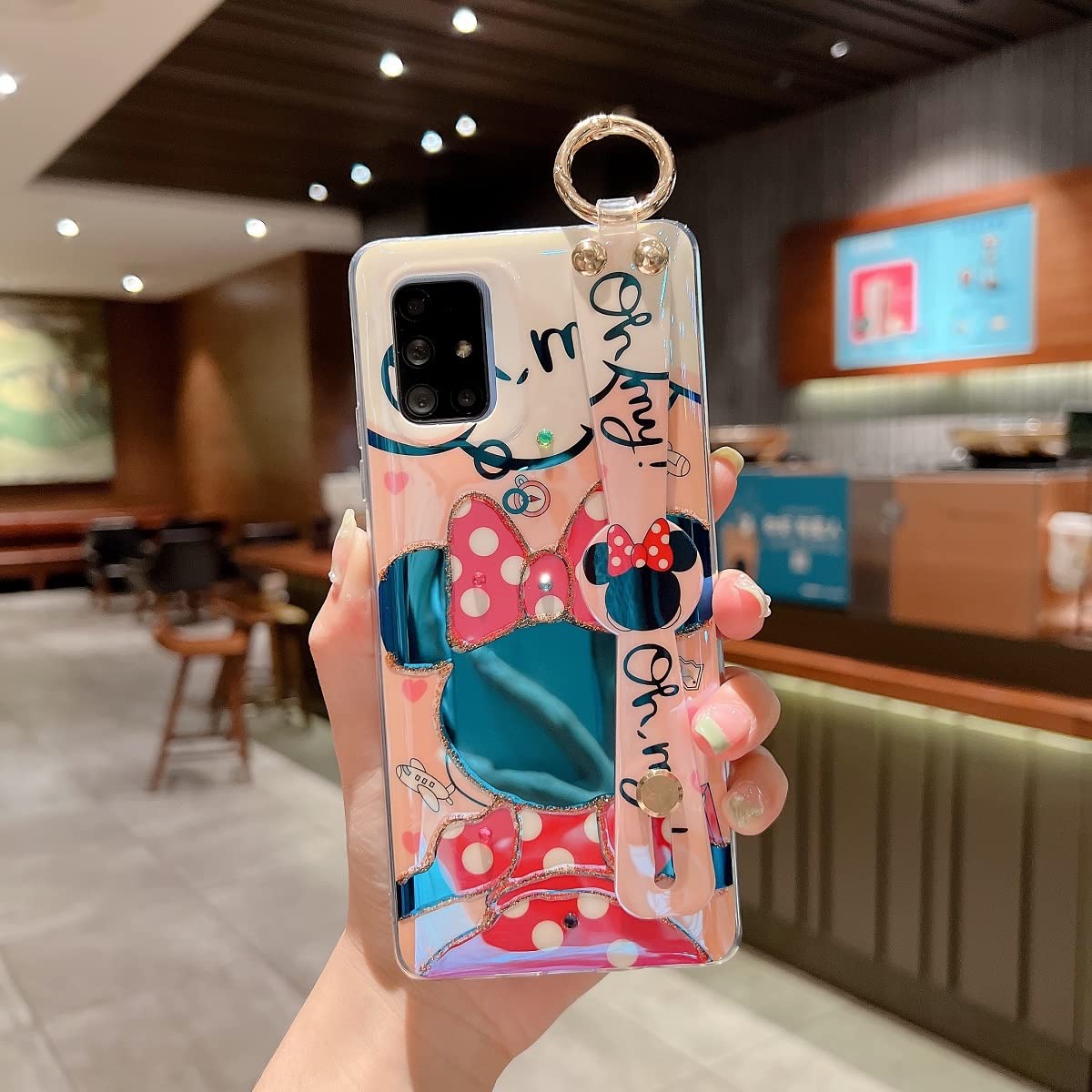Cute Glitter Bling Shockproof Protective Case for Samsung Galaxy A71 5G (Not 4G & UW Verizon) - Soft TPU Cover with Wrist Strap & Kickstand for Girls & Women - Minnie Design - Perfect for Daily Use, Work & Travel