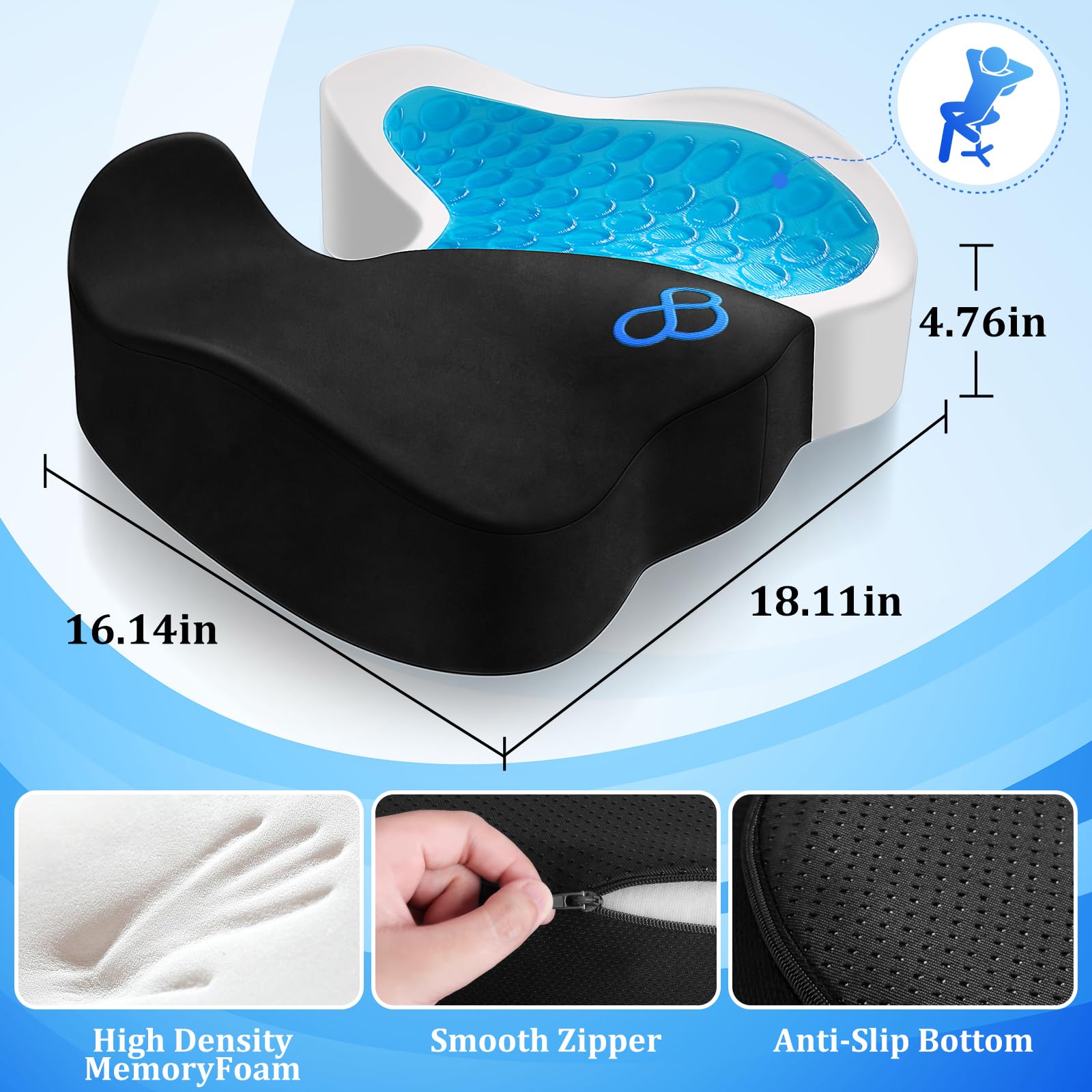 Memory Foam Seat Cushion for Office Chair, Wheelchair & Car - Anti-Slip Bottom with Removable Cover for Tailbone Pain Relief - Perfect for Home Office, Long Drives & Mobility Comfort (Black)