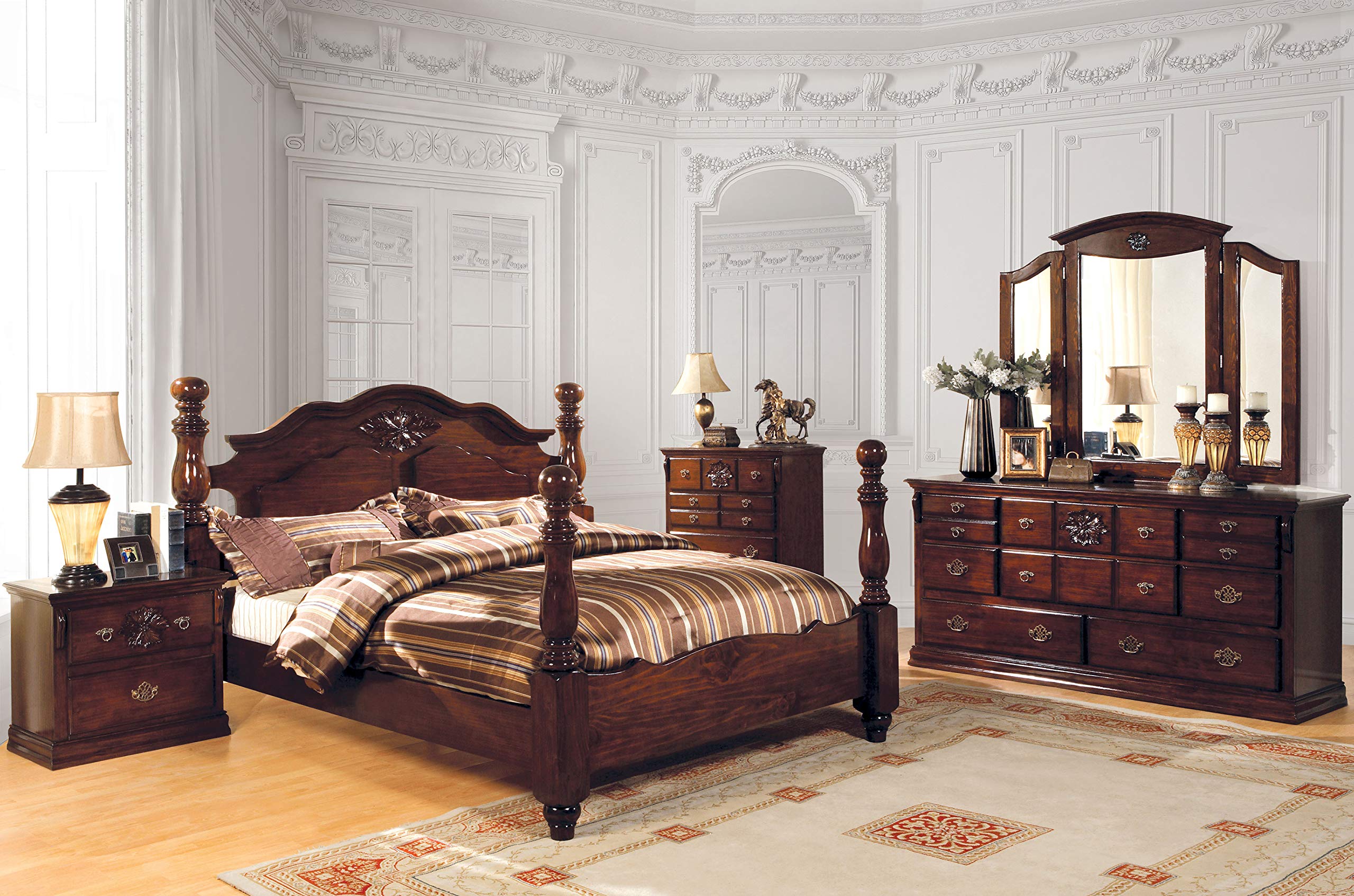 24/7 Shop at Home Vignetta Traditional Queen Bed Frame with 2 Nightstands Set - Glossy Dark Pine Finish - Perfect for Master Bedroom, Guest Room & Cozy Home Decor