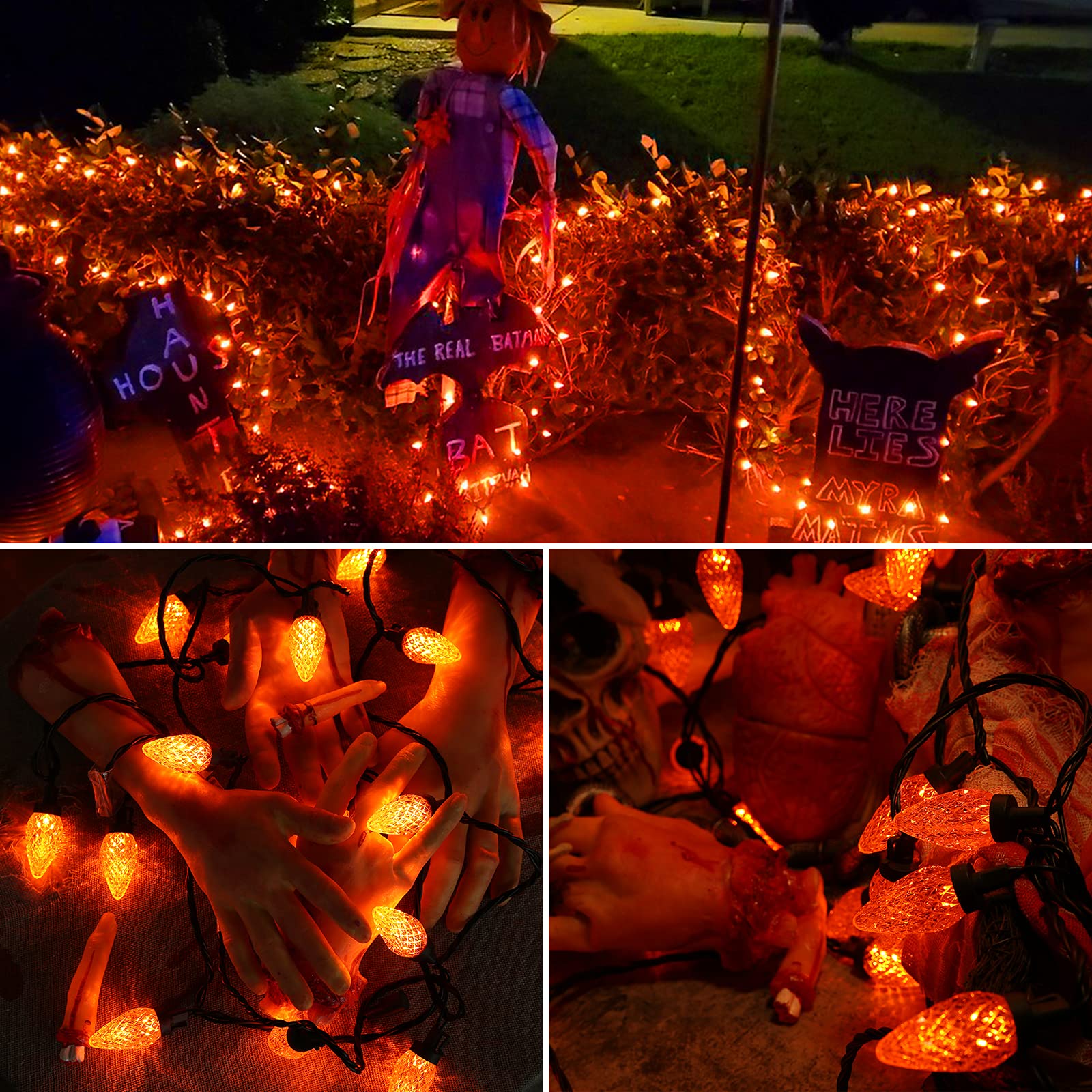 Brizled C9 Halloween Lights - 33ft 50 LED Faceted Orange String Lights, Connectable UL Certified 120V Outdoor Indoor Decor for Garden, Tree, Yard, Patio, Halloween Party & Home Decoration