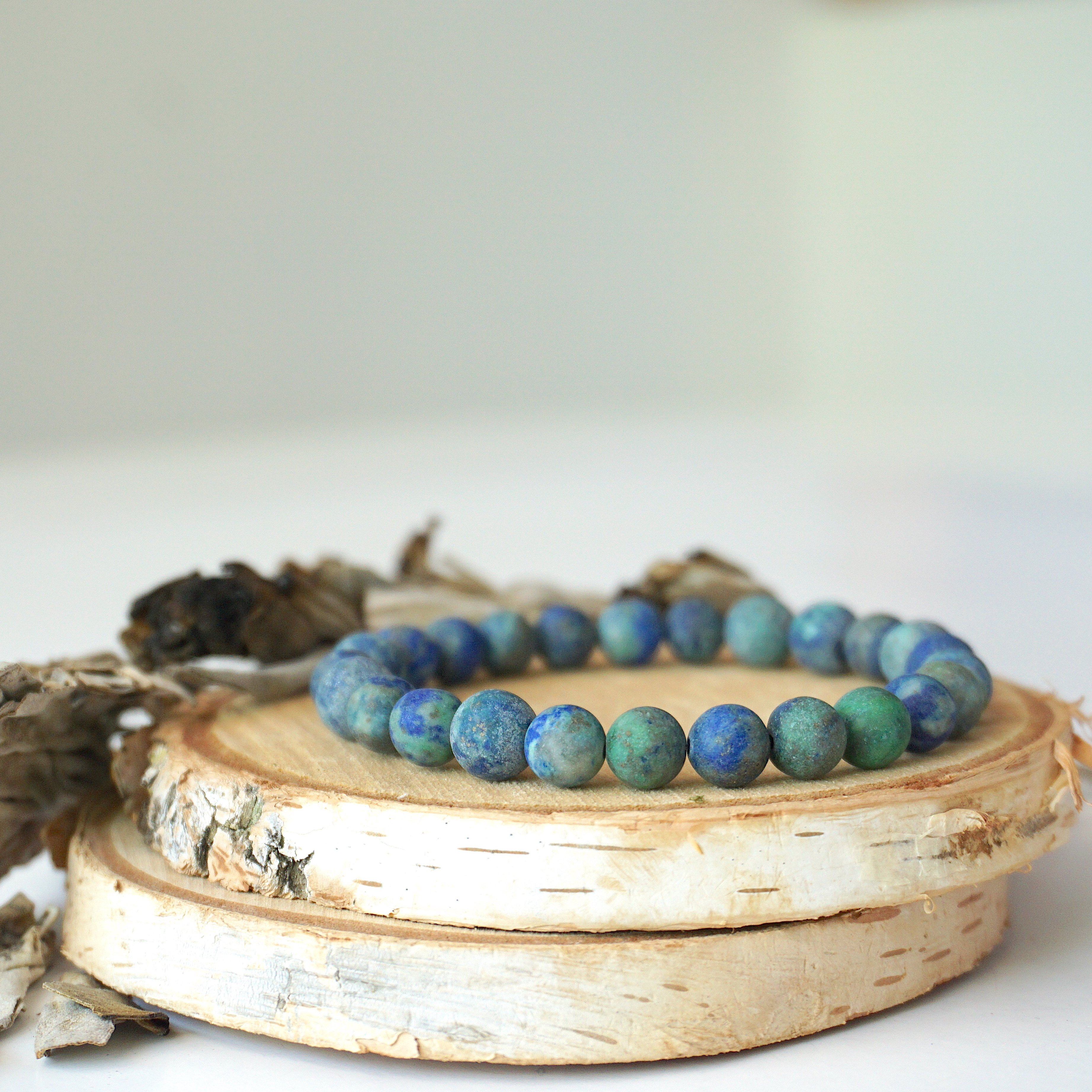 Matte Azurite Healing Crystal Mala Bracelet - Natural Stone Beads for Meditation, Yoga & Spiritual Healing | Perfect for Stress Relief & Positive Energy