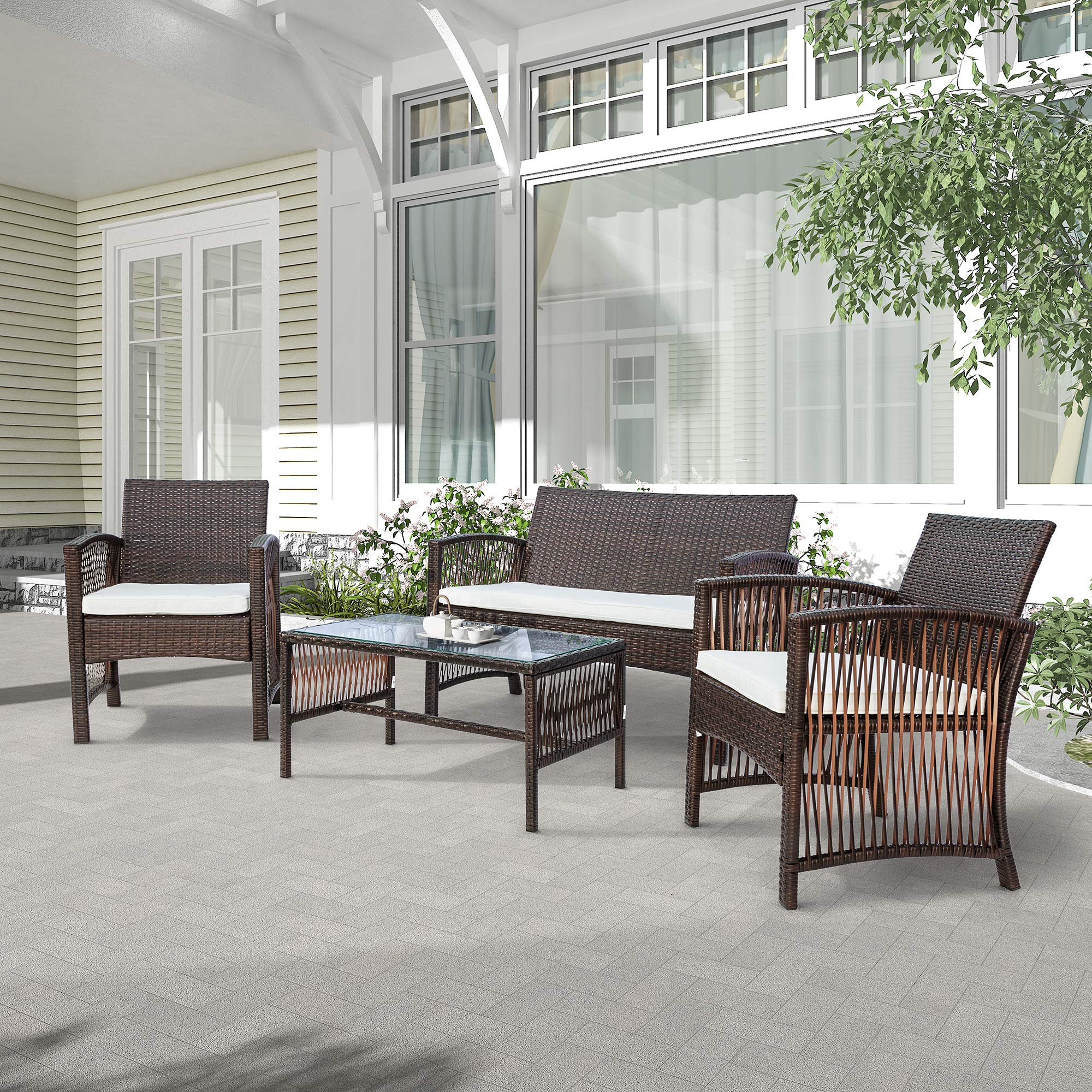 4-Piece Outdoor Rattan Patio Furniture Set - Wicker Sofa, Chair & Table for Garden, Backyard, Porch, Poolside - Brown - Perfect for Relaxing, Entertaining & Outdoor Dining