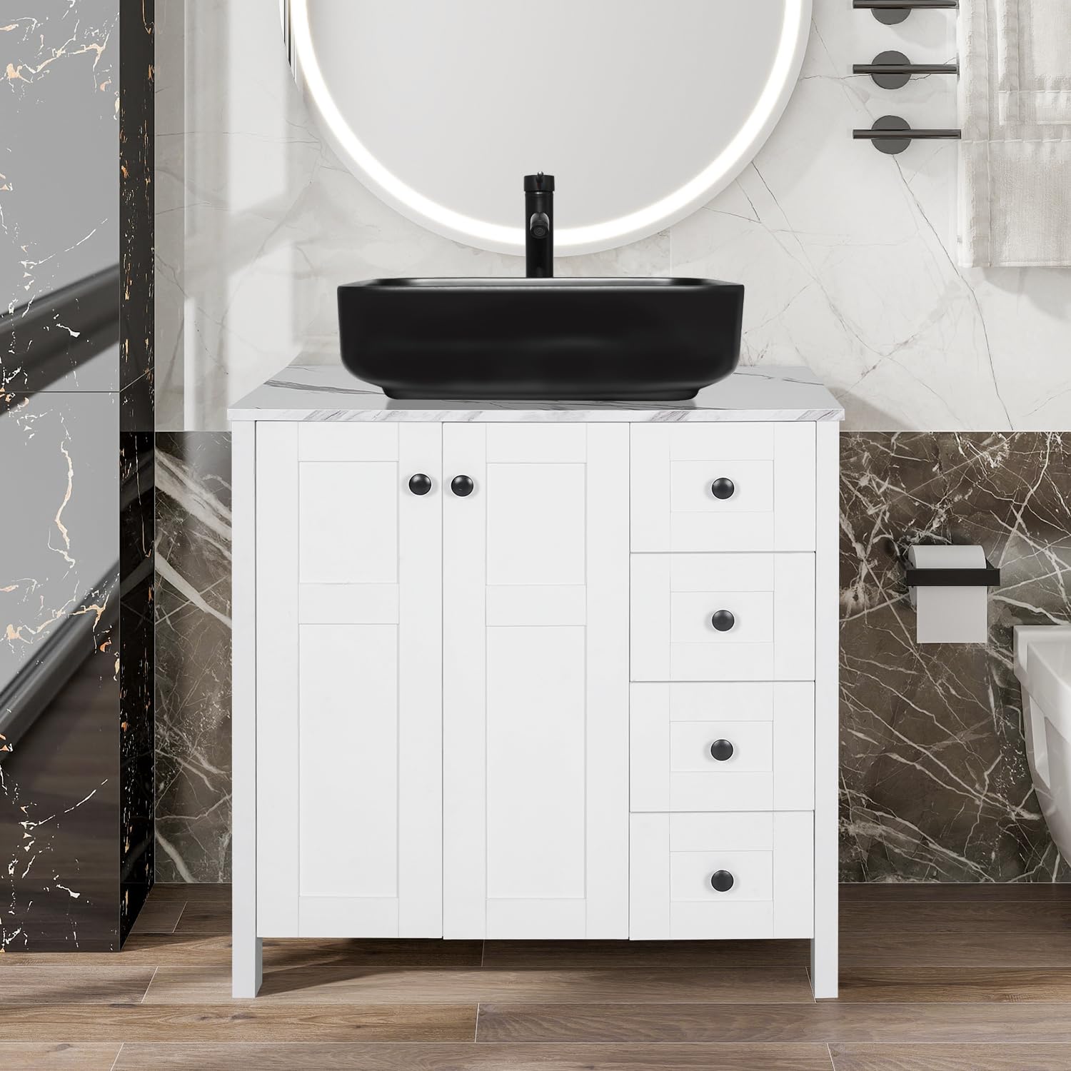 Puluomis 32 Inch White Traditional Bathroom Vanity Set with Marble Texture Top, 4 Drawers & Square Black Ceramic Sink - Single Faucet Hole - Perfect for Modern Bathrooms, Powder Rooms & Home Renovations