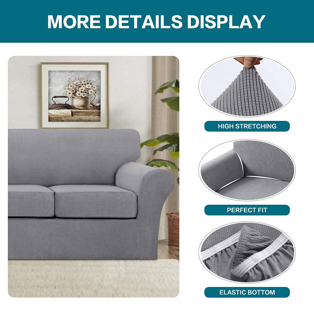 Turquoise 3-Piece Sofa Cover Set - Stretchable Couch Slipcover for 3-Seater & Loveseat - Soft Jacquard Fabric Furniture Protector for Living Room, Bedroom, and Office Use