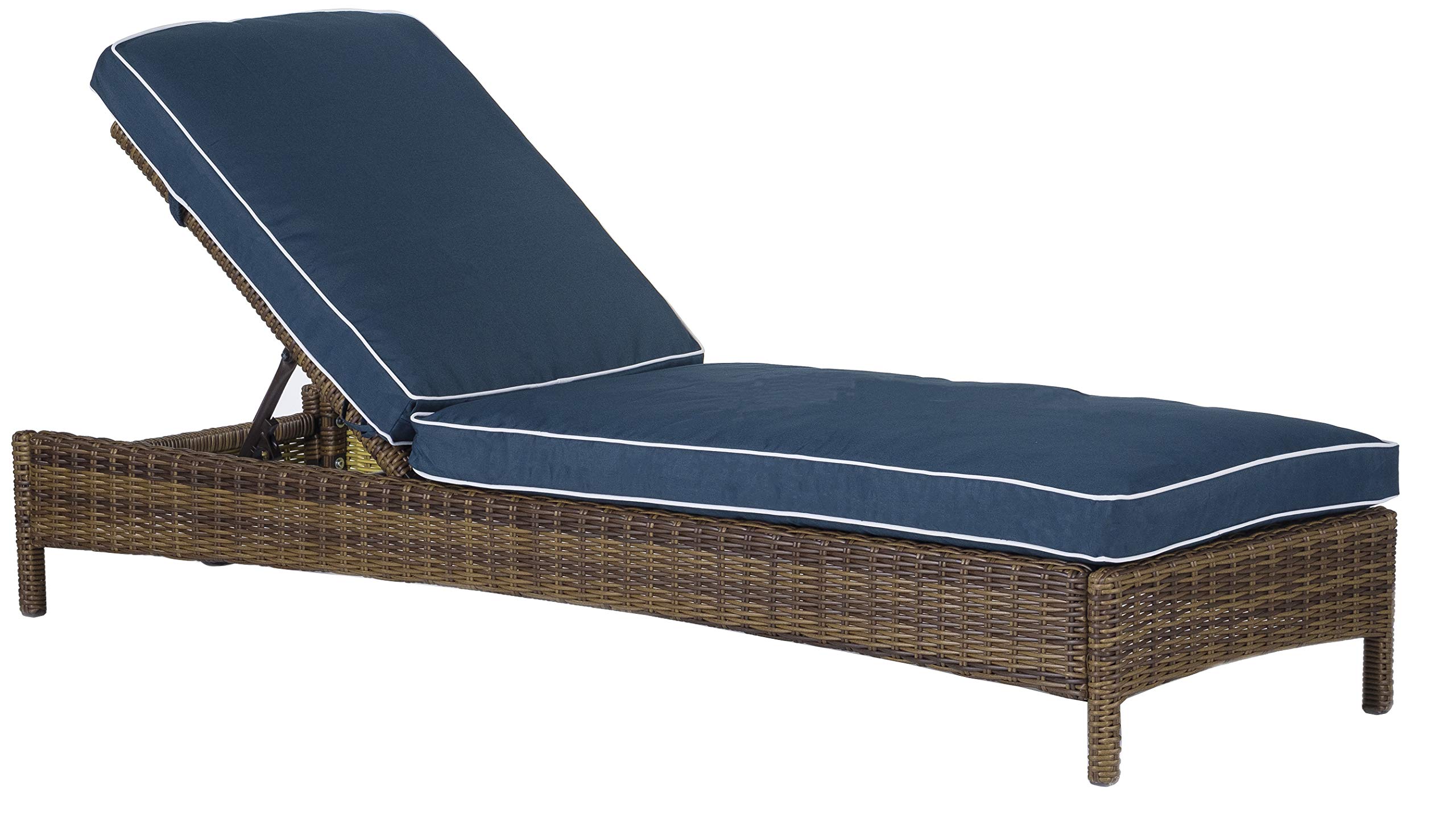 Crosley Bradenton Reclining Wicker Outdoor Chaise Lounge Chair - Brown with Navy Cushions for Patio, Deck, Backyard, Poolside Relaxation | Weather-Resistant Wicker Furniture for Outdoor Lounging & Sunbathing