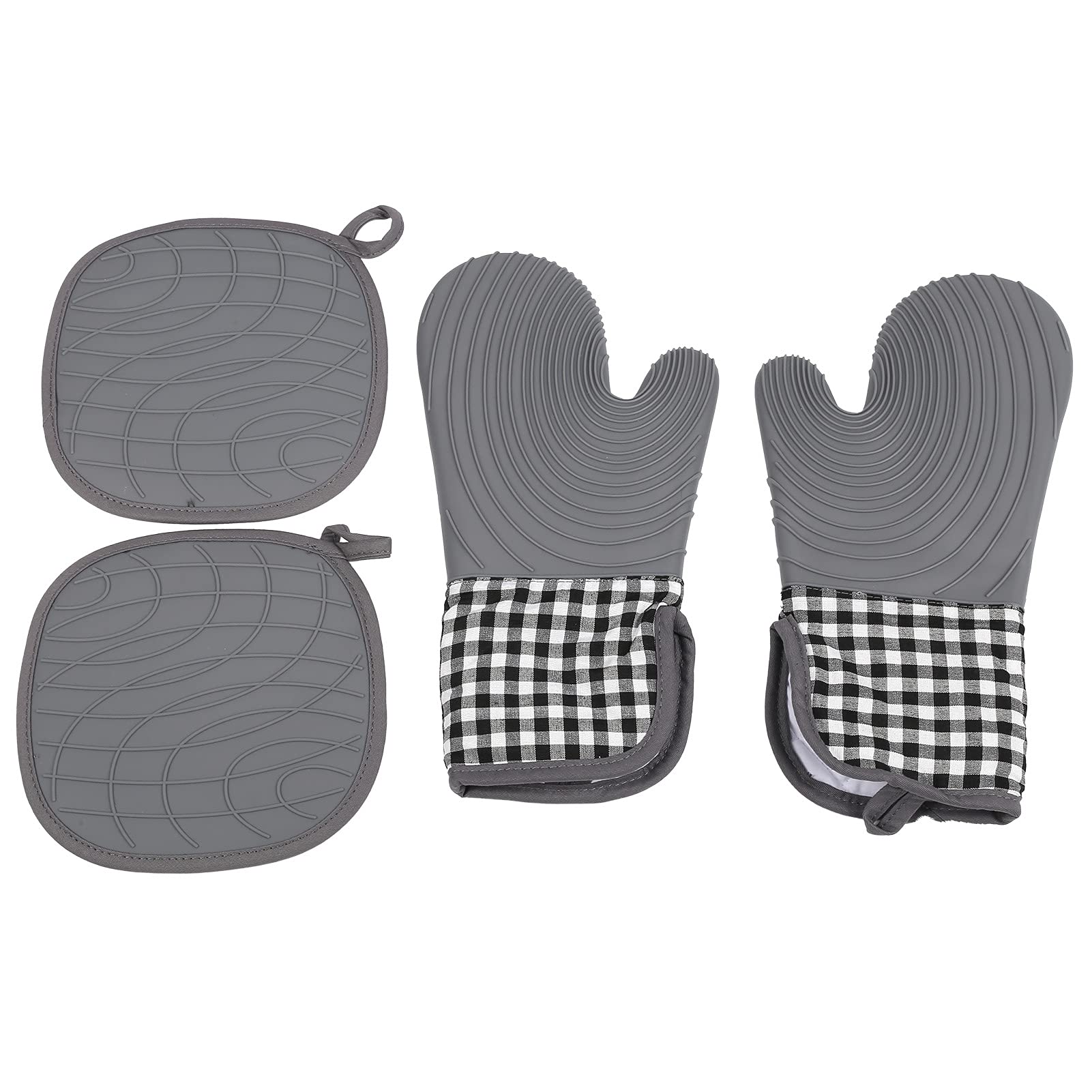 FEIP Heat Resistant Kitchen Gloves - Black Textured Anti-Slip Silicone & Cotton Oven Mitts for Cooking, Baking, Grilling - Microwave Safe & Waterproof for Hot Dishes & Food Handling
