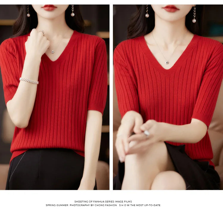 Women's Short Sleeve V-Neck Knit Casual Sweater - Soft Comfortable Pullover for Everyday Wear, Office & Weekend Outfits