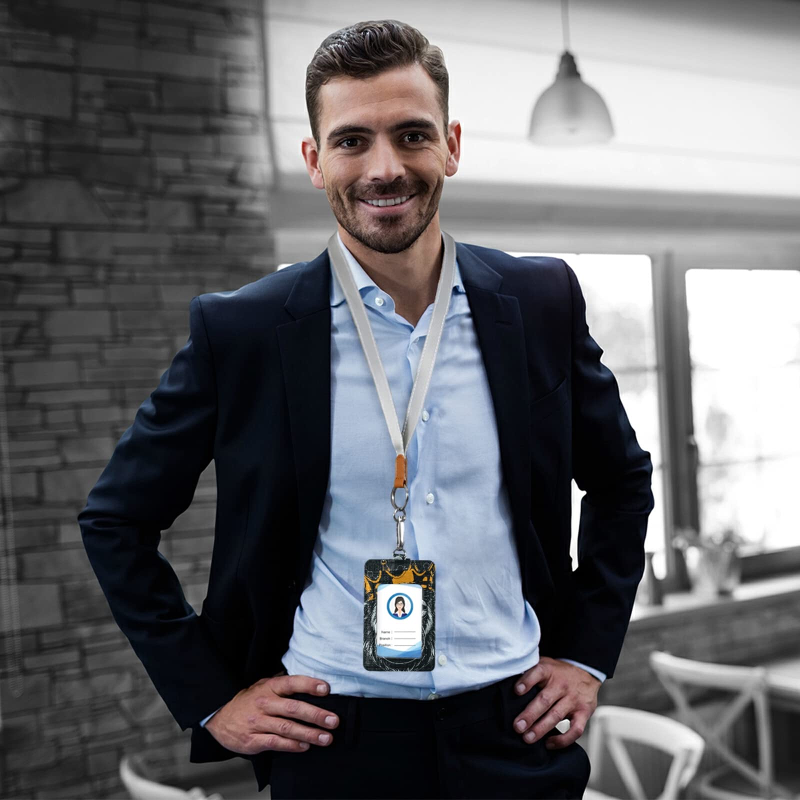 Vertical Leather ID Badge Holder with Lanyard - 2 Card Slots for Office & School Staff