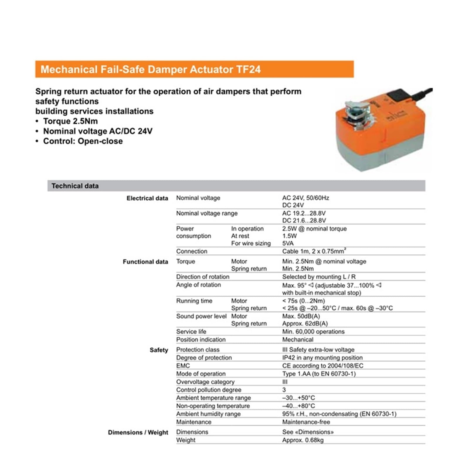 TF24 2.5 NM Spring Return Actuator for Air Valves - Safety Function & Automatic Shutoff | Ideal for HVAC, Industrial Automation & Safety Control Systems