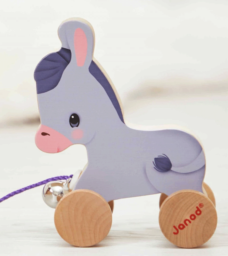 Janod Pull Along Wooden Donkey Toy - Classic Farm Animal Pull Toy for Toddlers & Kids - Perfect for Imaginative Play, Learning to Walk, and Nursery Decor
