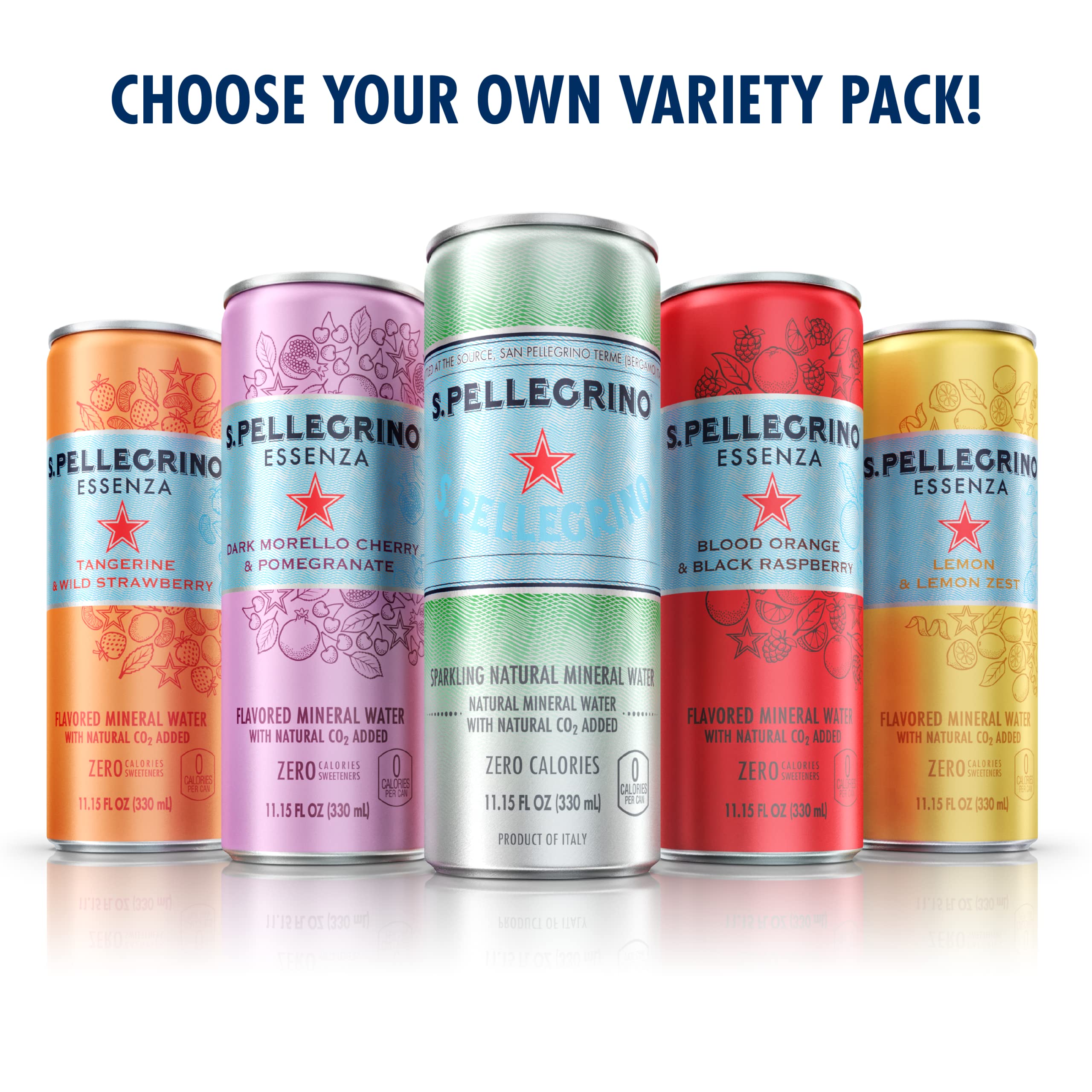S.Pellegrino Essenza Sparkling Mineral Water Variety Pack - 24 Cans (11.15 Fl Oz Each) with Lemon, Wild Strawberry & Original Flavors | Refreshing Hydration for Office, Gym & Outdoor Activities