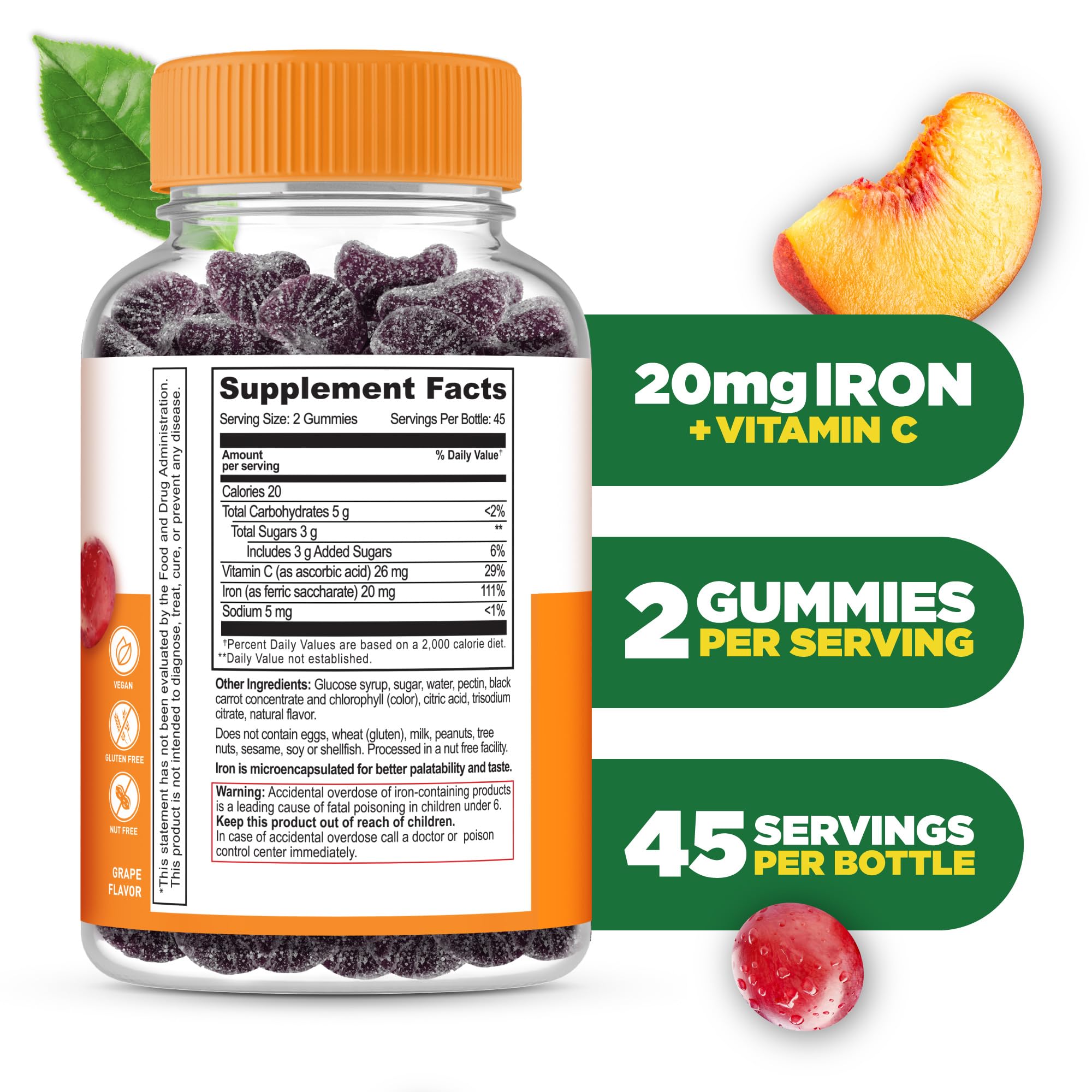 Lifeable Iron Gummies with Vitamin C - 20mg Iron Supplement for Adults & Kids - Great Tasting Blood Builder for Iron Deficiency - 90 Count - Perfect for Energy Boost & Immune Support