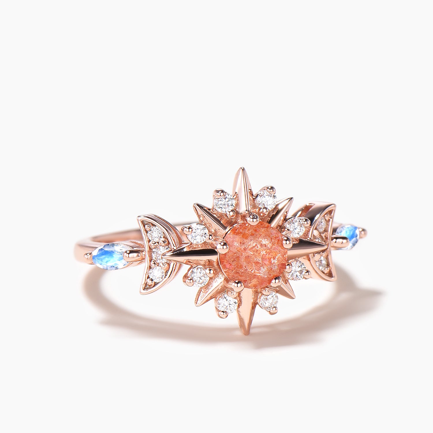 Round Cut Sunstone Moon Ring – Moonstone & Diamond Engagement Ring for Women – Perfect for Weddings, Proposals & Special Occasions