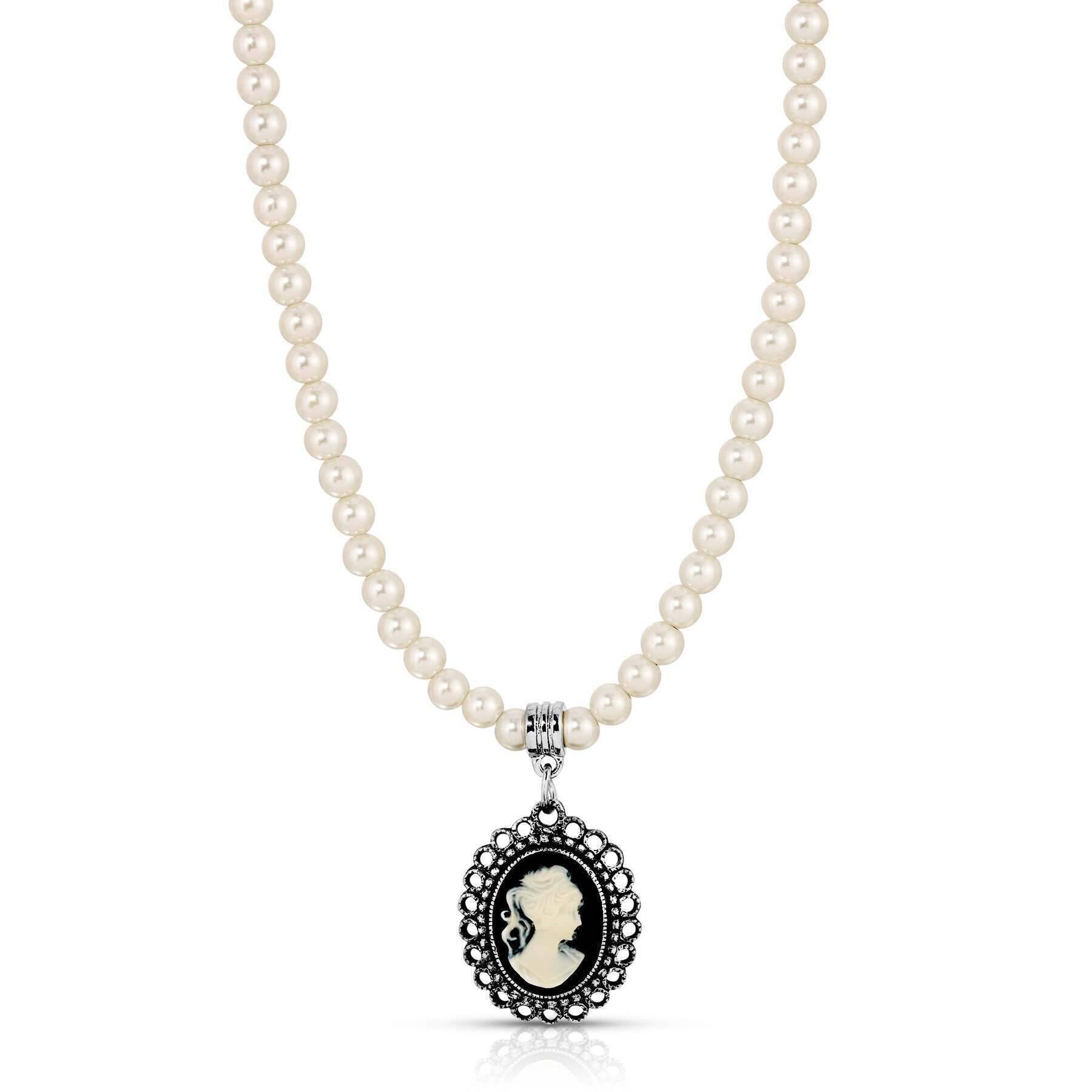 1928 Jewelry Black & White Cameo Pendant Necklace with 4mm Faux Pearls - 15