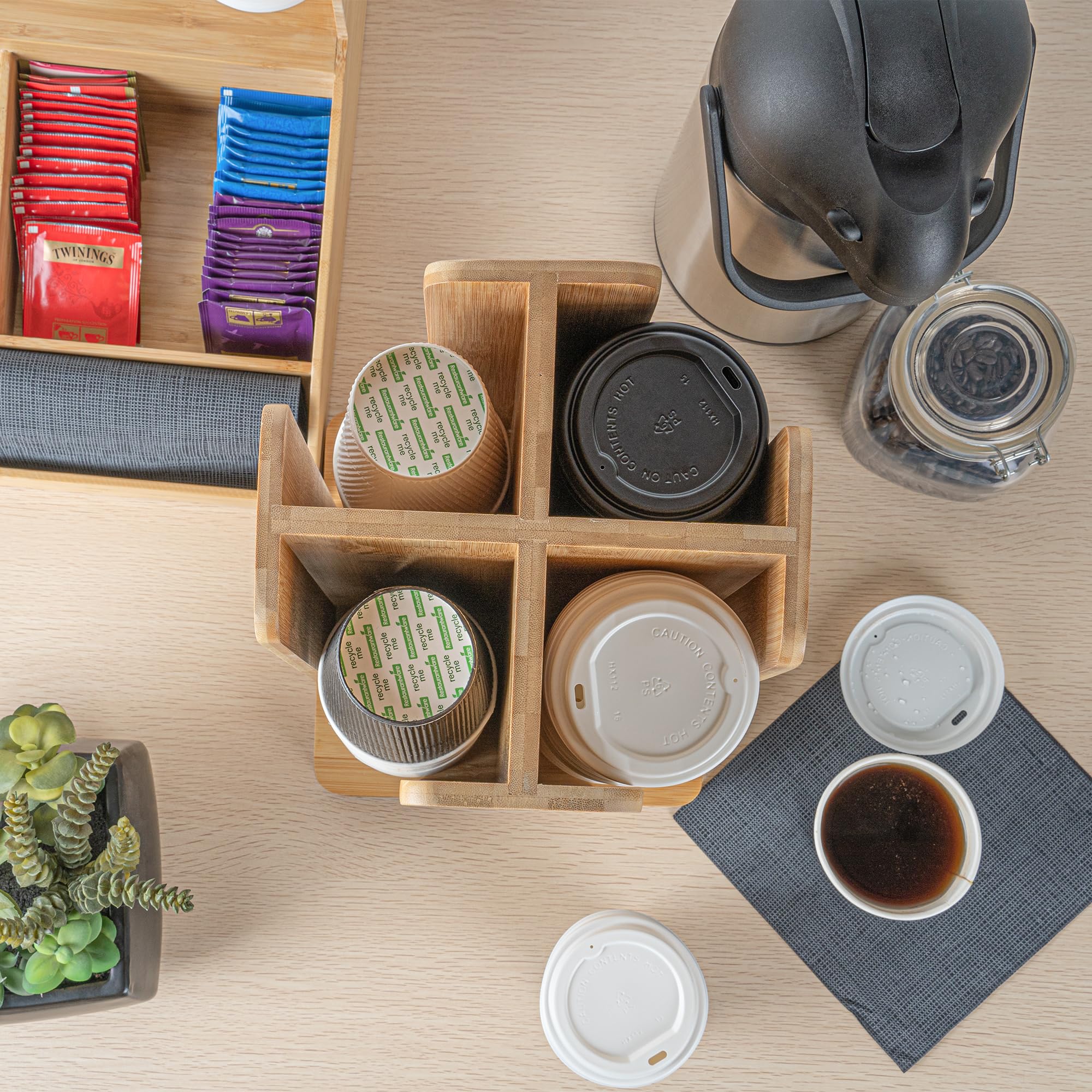 Restaurantware Restpresso 9 x 18 Inch Coffee Cup and Lid Organizer - 4-Section Revolving Bamboo Cup Holder for Restaurants, Homes & Offices | Space-Saving Countertop Solution for Coffee Shops, Break Rooms & Cafés