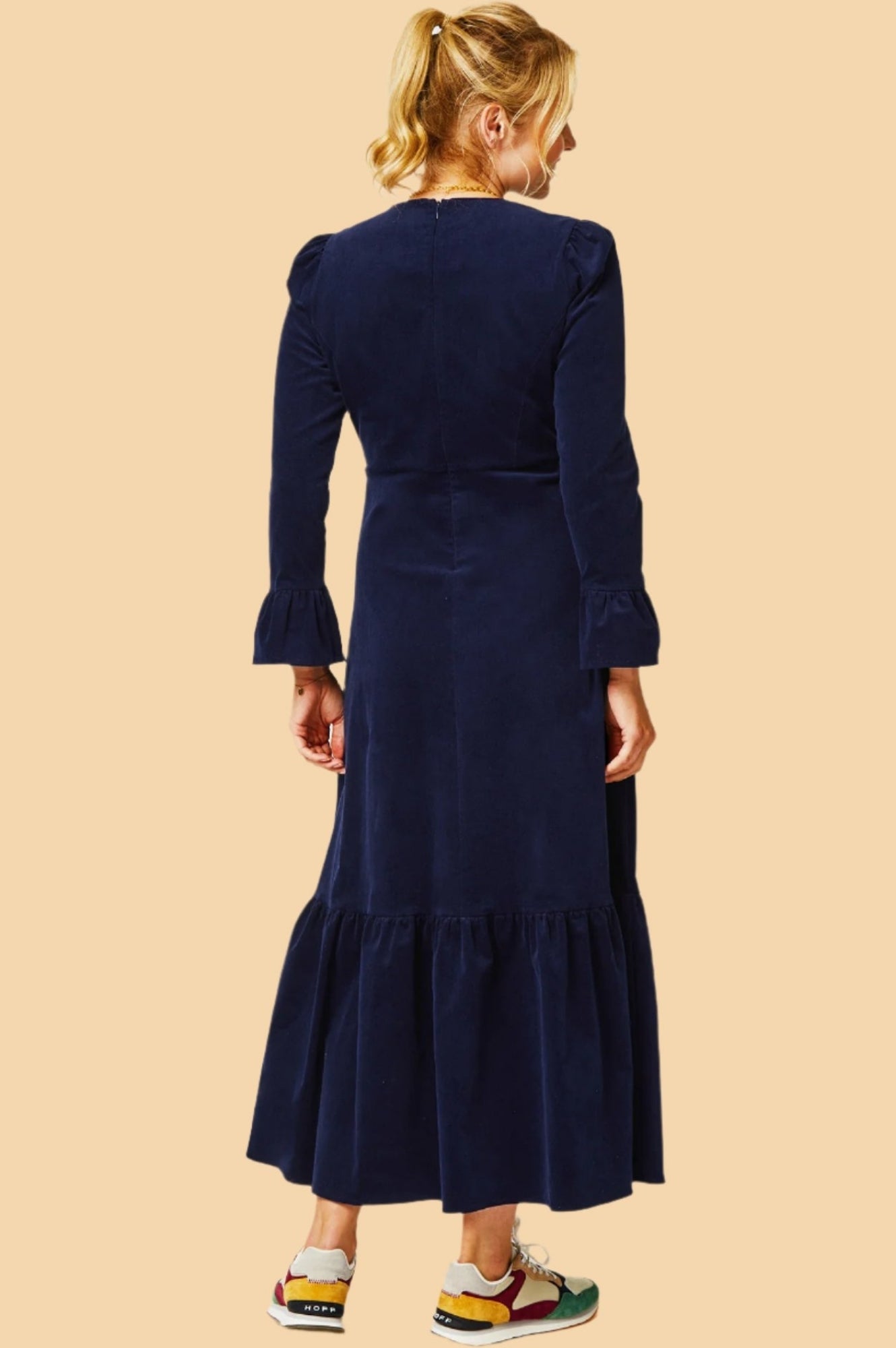 Victoria V Neck Long Sleeve Stretch Corduroy Dress for Women - Atlantic Blue | Comfortable & Stylish Fall Outfit for Work, Date Night & Casual Wear